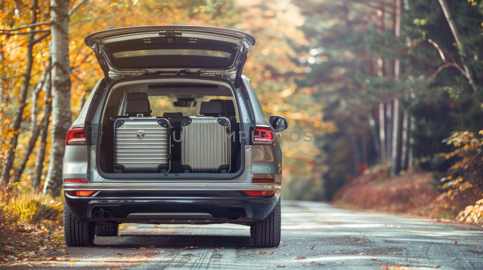 Family road trip, A suv car opens its trunk with luggage, Ready for road trip.