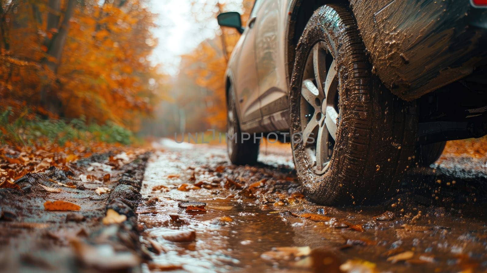 Close up view from the dirt road level from the wheel of the car, Tires on the dirt road.