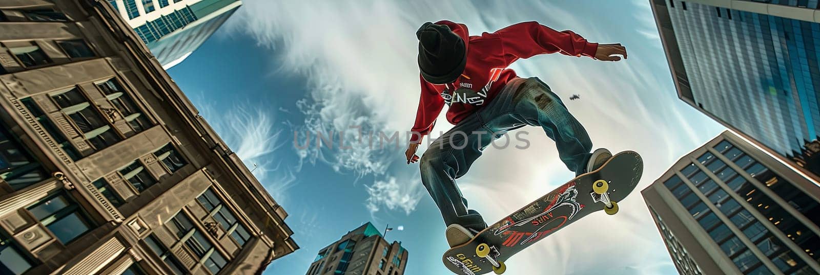 A man is seen riding a skateboard mid-air, leaping from a ramp, showcasing a daring trick in an urban setting.