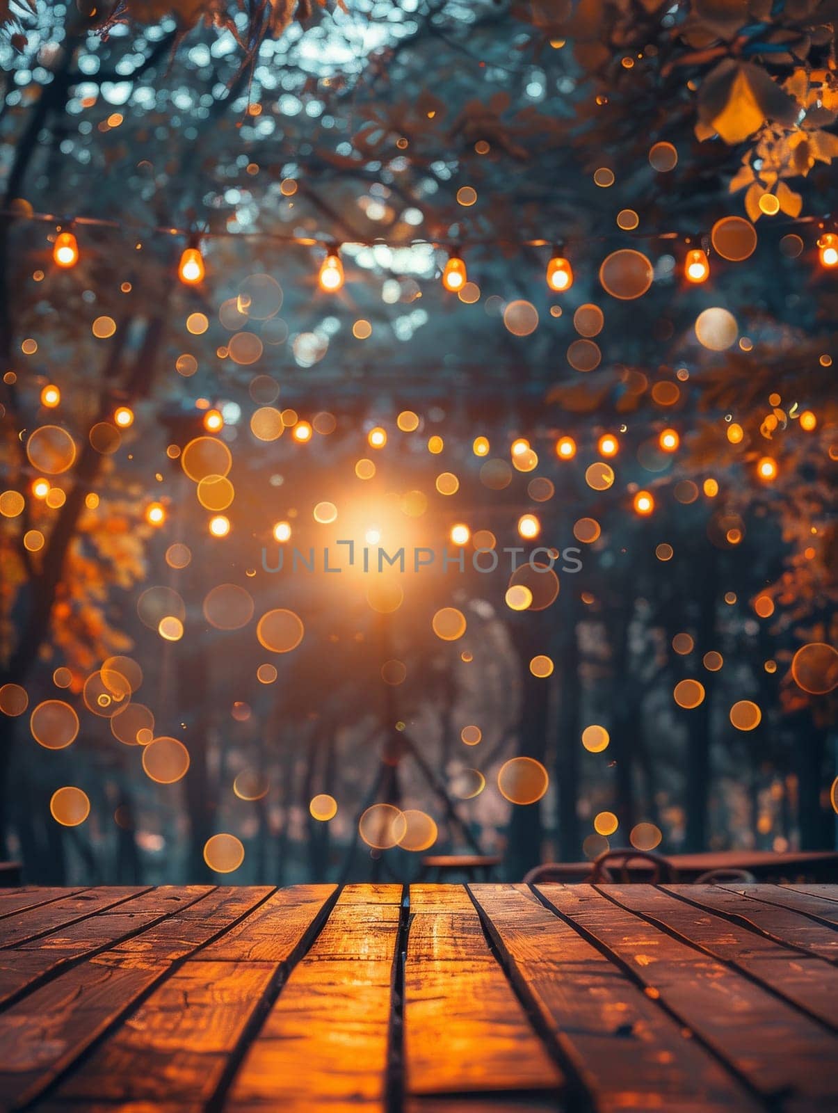 A wooden table with lights shining on it. The lights are creating a warm and inviting atmosphere. The table is surrounded by trees, which adds to the natural and peaceful feel of the scene