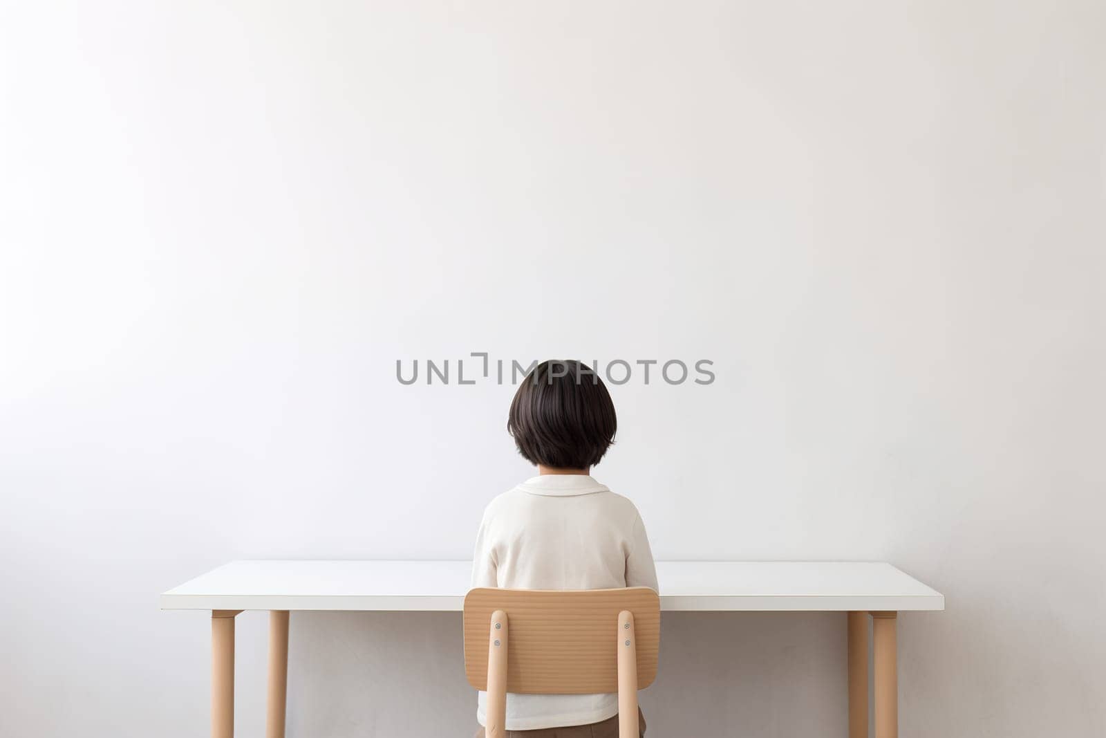 A minimalist image showing a child from behind, sitting at a desk facing a plain white wall, ideal for education-related content and ads with space for text. Generative AI. by creativebird