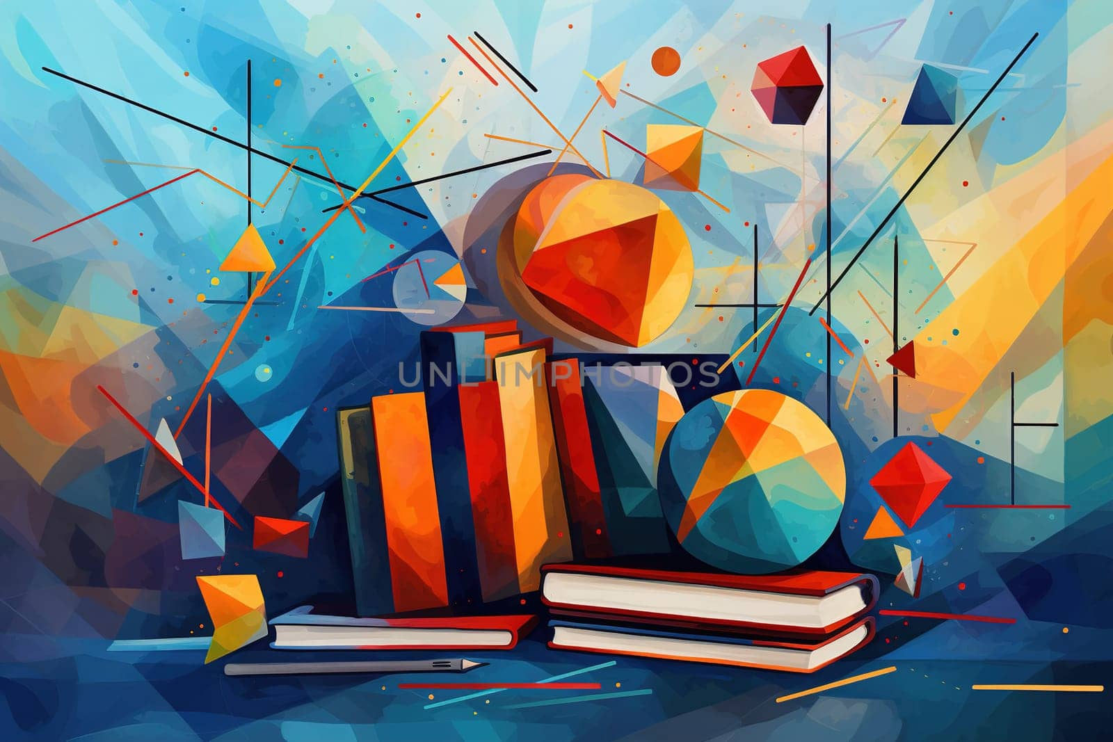 Vibrant abstract art featuring geometric shapes, books, and pencils in a dynamic composition, ideal for back-to-school themes, educational promotions, and creative projects. Generative AI