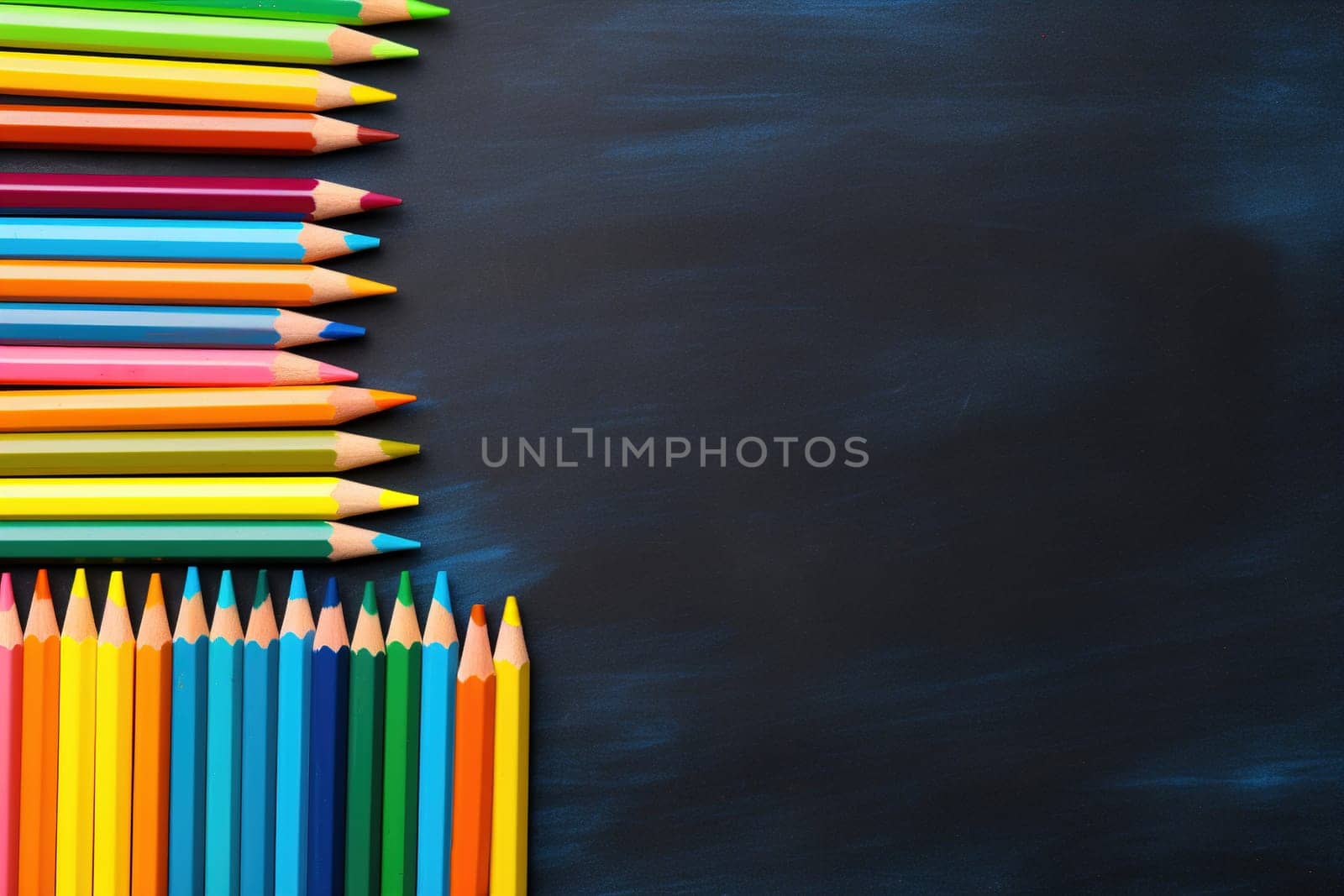 A row of brightly colored pencils aligned on a textured blackboard background, ideal for back-to-school campaigns, educational content. Empty, copy space for text. Generative AI