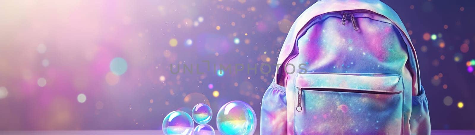 Holographic background with backpack and copy space for text. Perfect for modern school or fashion themes. Iridescent color gradient. Y2k, 2000s style. Panoramic banner. Generative AI. by creativebird