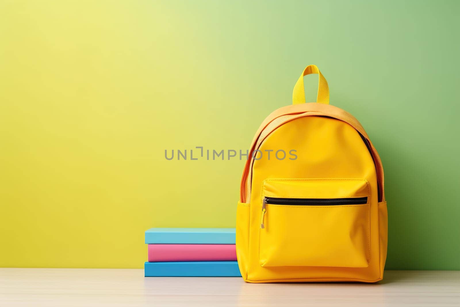 Vibrant, yellow backpack with books on gradient background, perfect for modern school or fashion themes. Back to school concept. Empty, copy space for text. Generative AI. by creativebird