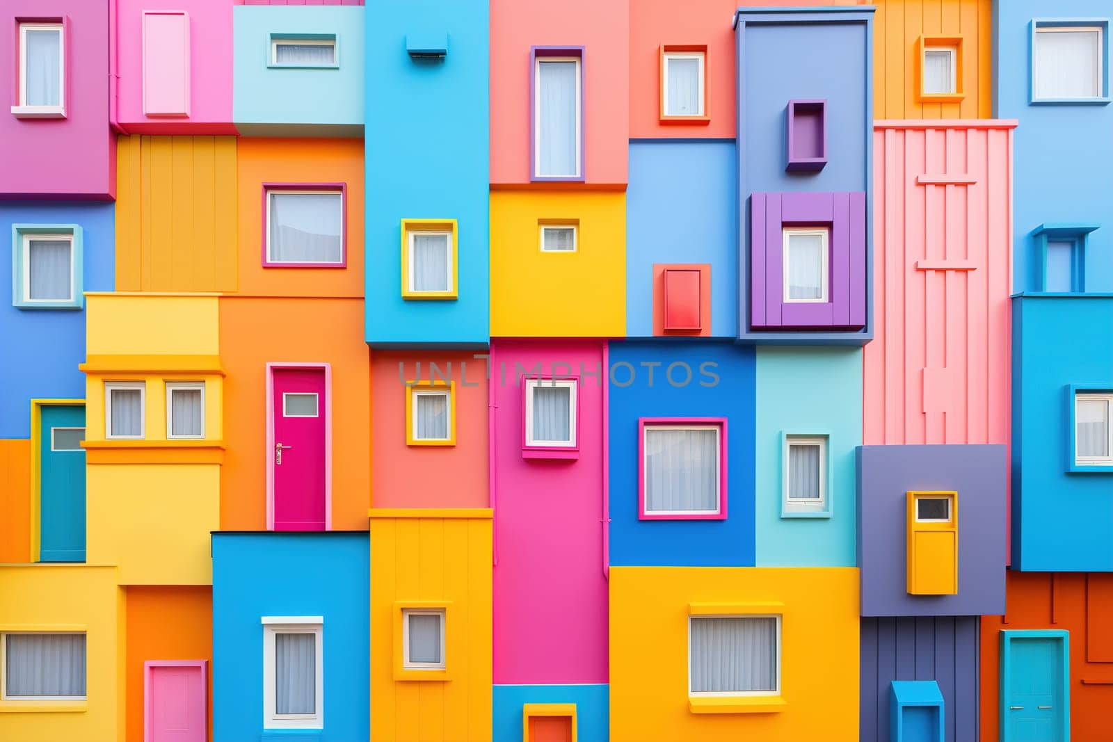 A playful, colorful facade mimicking a bustling urban block with vibrant hues, perfect for projects about creative architecture, urban planning, and community spaces. Generative AI