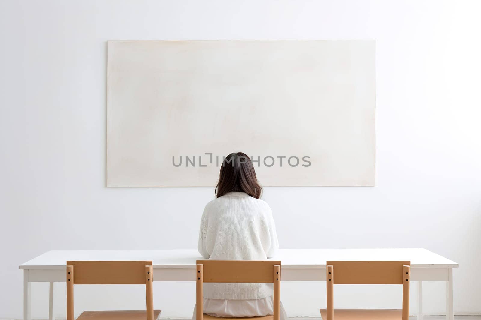 Back view of a child sitting at a desk facing a whiteboard, offering a clean and simple educational setting with space for text, ideal for school-related advertising. Minimalist room. Generative AI