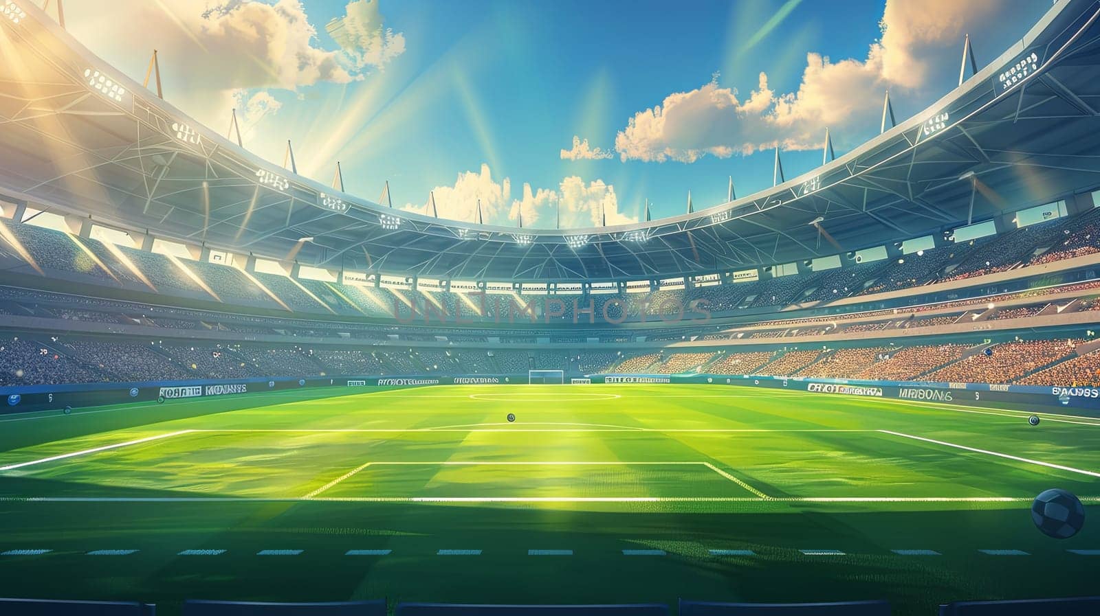 A view of a bustling soccer stadium with a vibrant green field surrounded by cheering fans in the stands. Generative AI by AnatoliiFoto