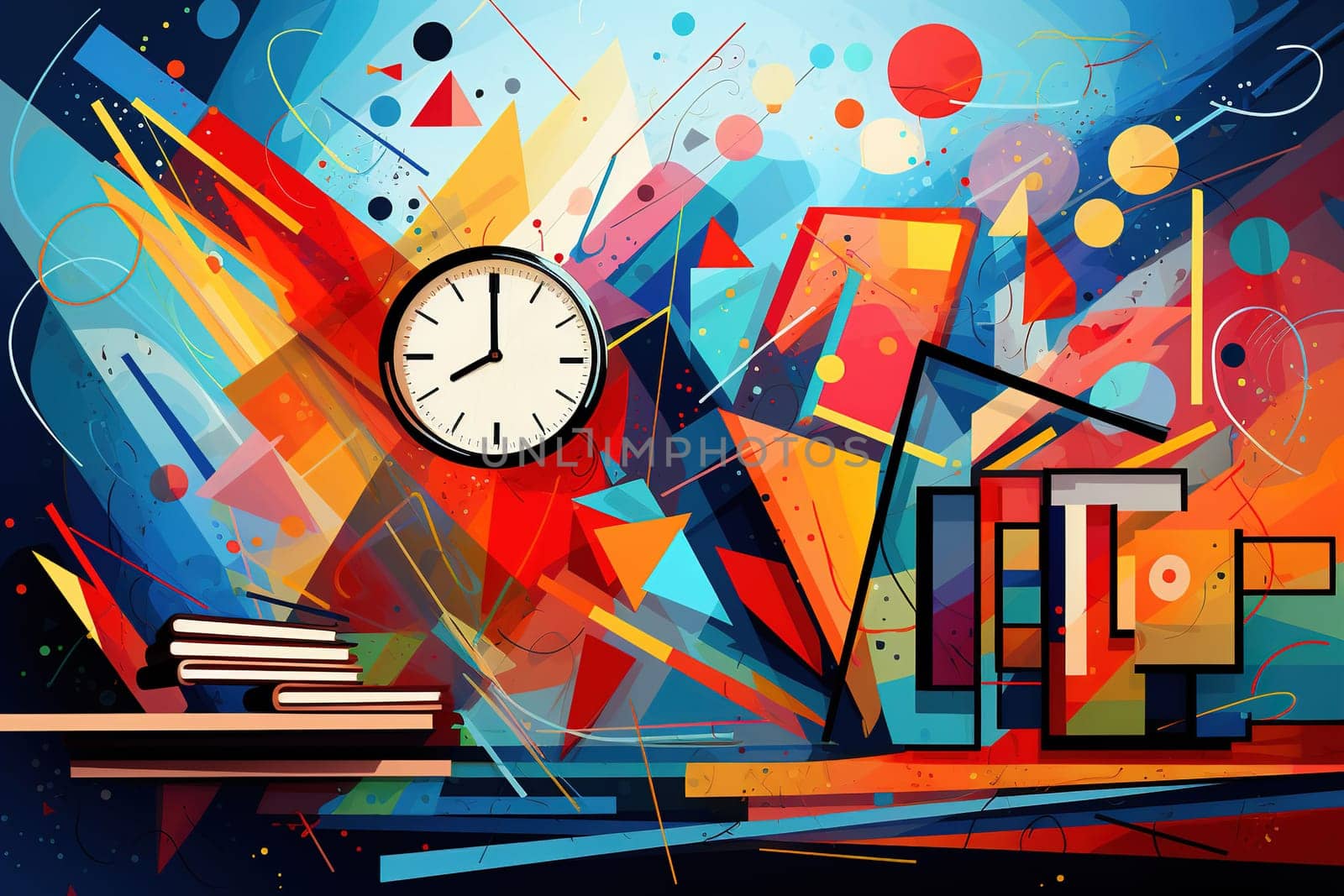 Vibrant abstract art featuring geometric shapes, books, and pencils in a dynamic composition, ideal for back-to-school themes, educational promotions, and creative projects. Generative AI. by creativebird