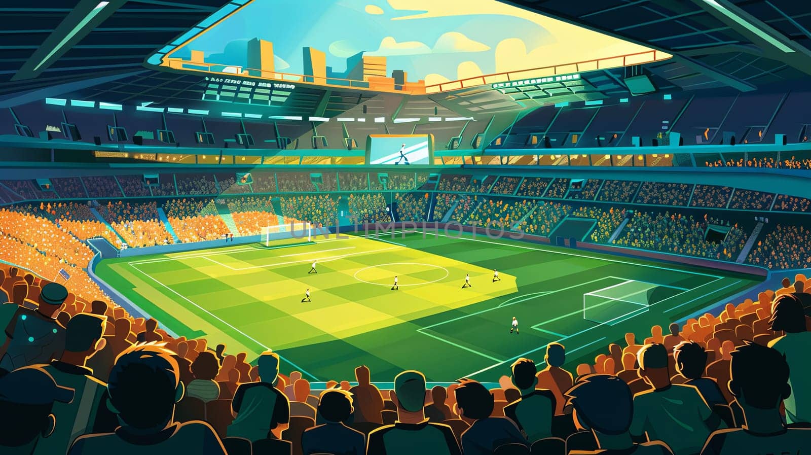 A dynamic painting capturing the excitement of a tennis match in a stadium with players in action and fans cheering enthusiastically. Generative AI by AnatoliiFoto