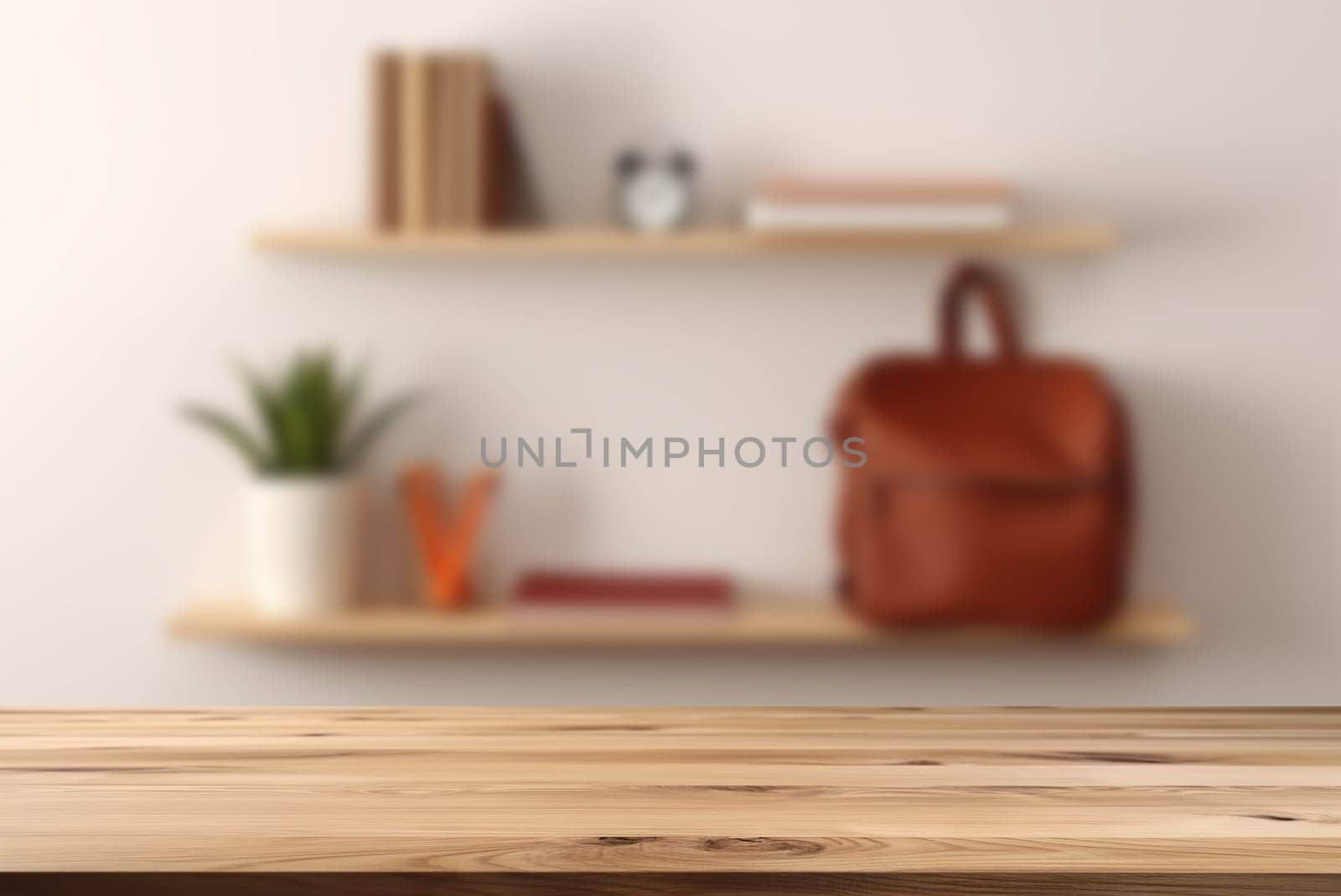 Empty wooden table top and blurred school supplies, stationery on the background. Copy space for your object, product presentation. Back to school, education concept. Front view. Generative AI. by creativebird