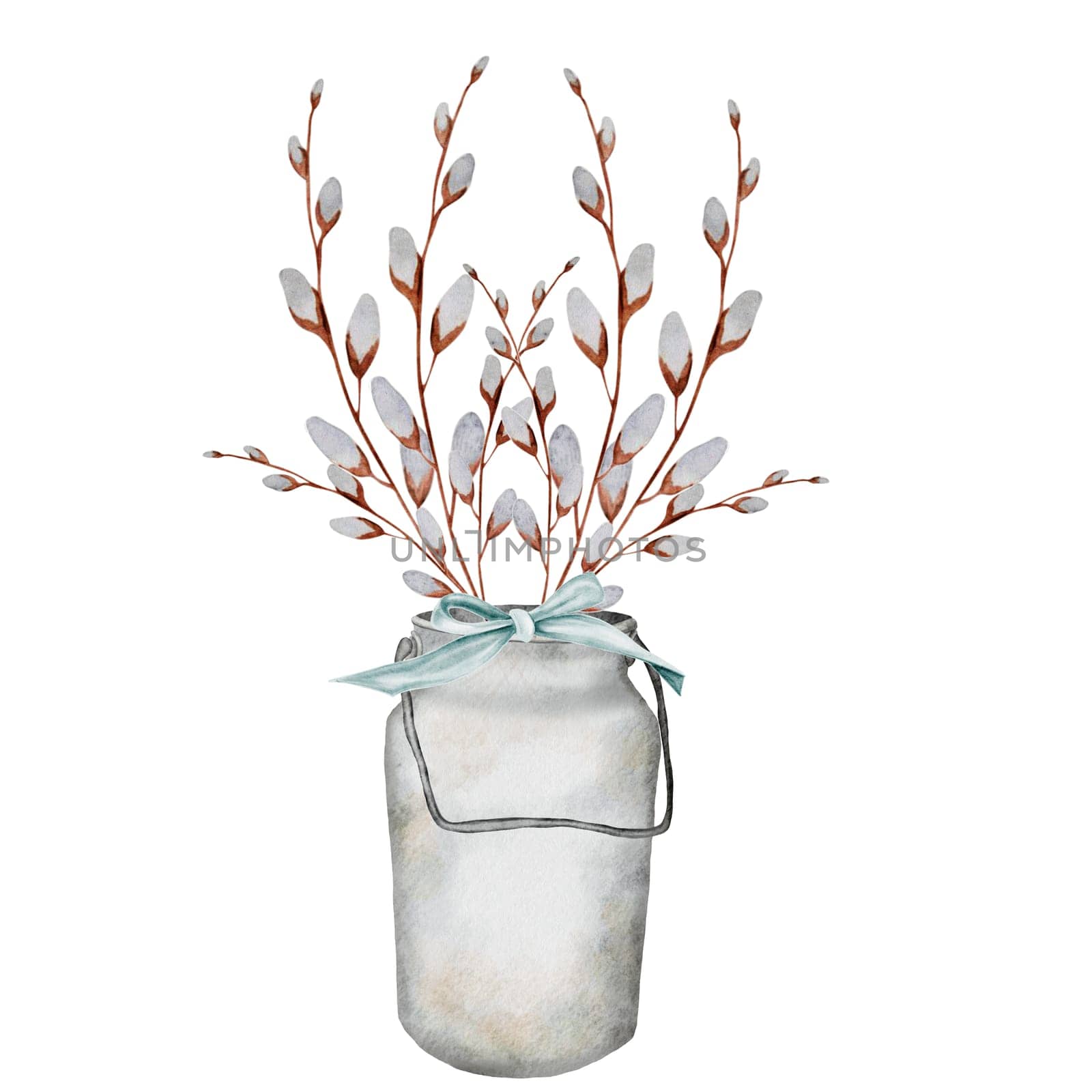 Willow watercolor hand drawing. A bouquet of branches with a blue bow in a metal milk can. Clip art of a festive composition isolated on a white background. Ideal for invitations and cards for Easter, Thanksgiving. High quality illustration