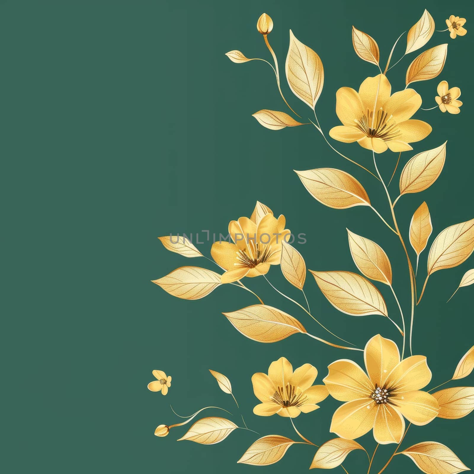 A gold and green flower with leaves is on a green background.