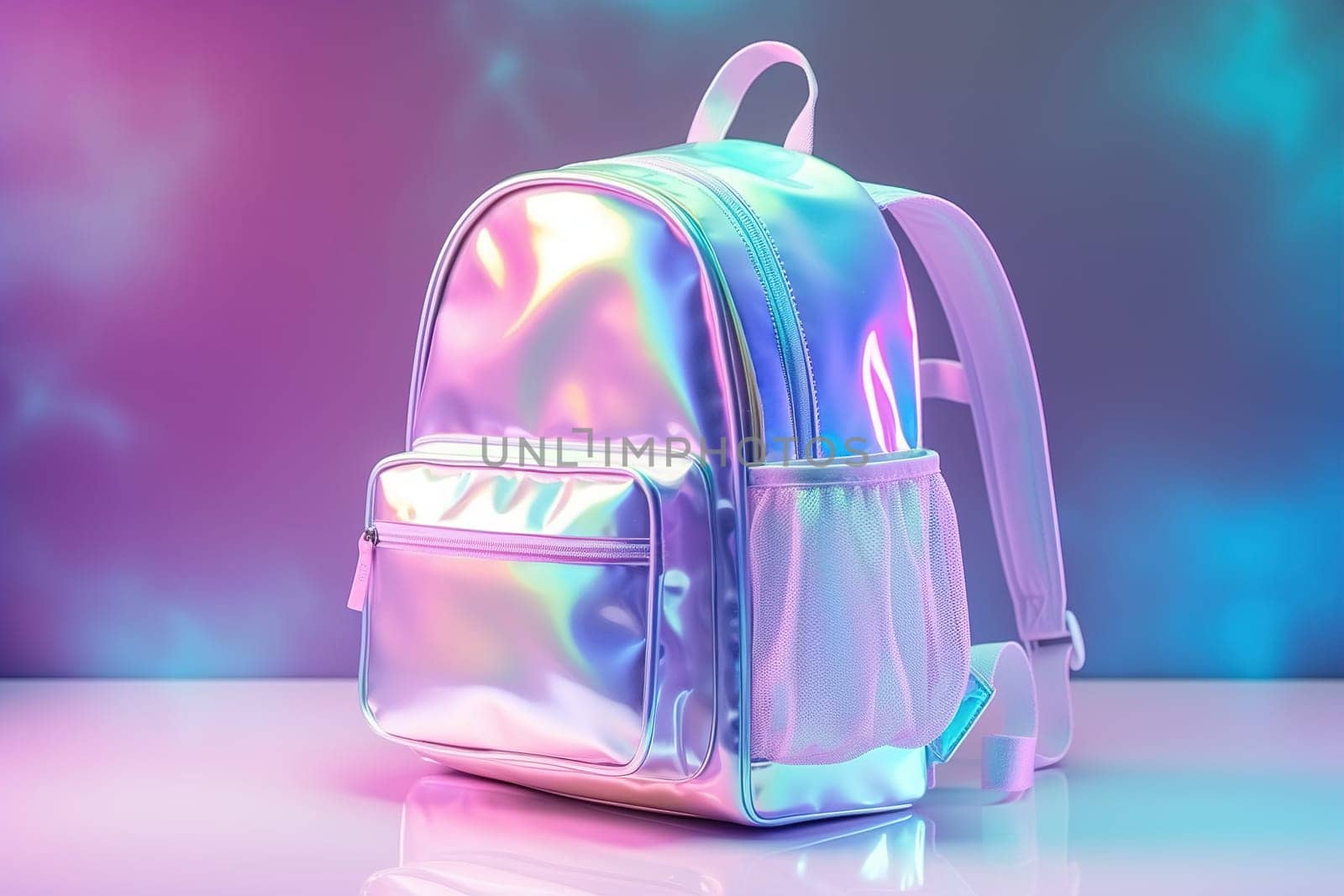Holographic backpack on a reflective surface with vibrant purple and blue hues, perfect for modern school or fashion themes. Iridescent color gradient. Y2k, 2000s style. Back to school. Generative AI. by creativebird