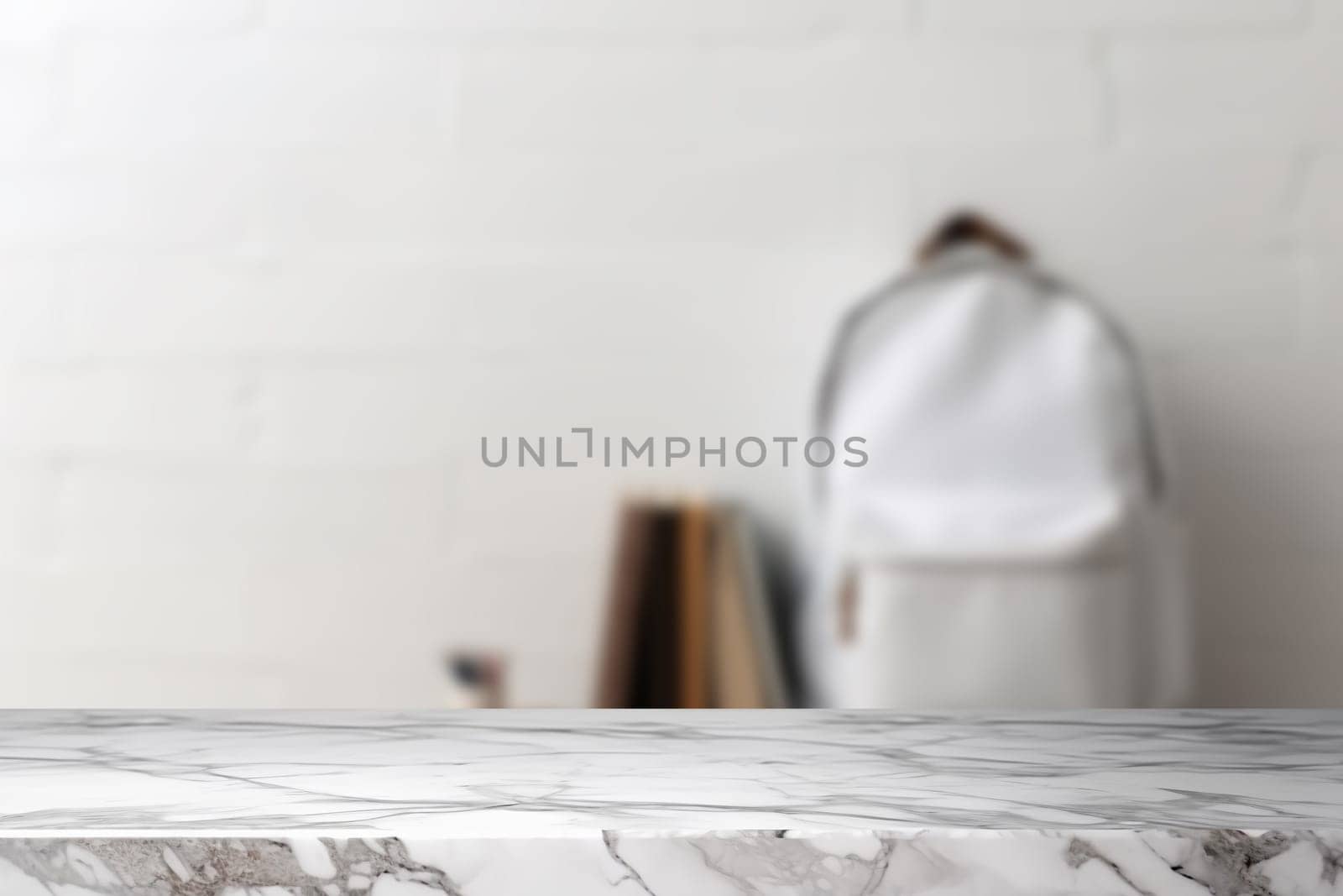 Empty marble table top and blurred school supplies, stationery on the background. Copy space for your object, product presentation. Back to school, education concept. Front view. Generative AI