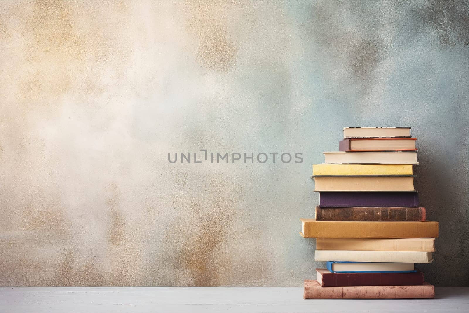 A stack of assorted hardcover books against a softly textured background with ample copy space, perfect for educational themes, back-to-school ads, and literary projects. Generative AI