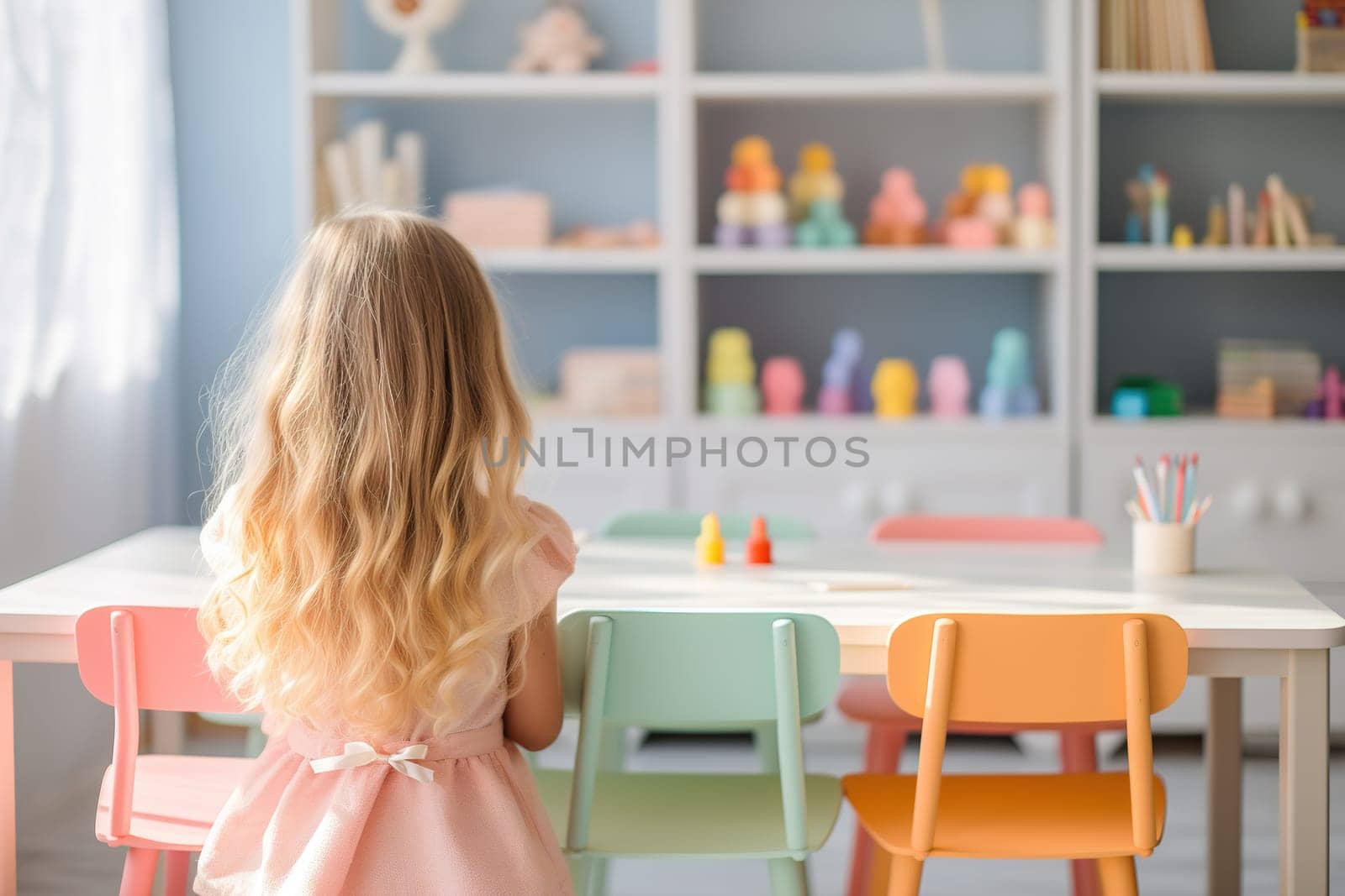 A young girl with long blonde hair stays by a colorful desk in a playfully decorated classroom, creating a vibrant, inviting educational environment. Generative AI