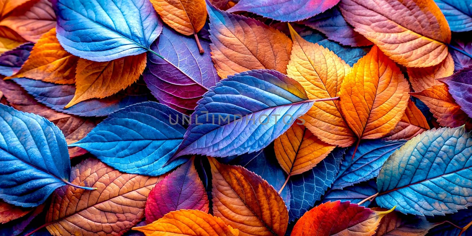 Abstract banner background with blue and orange leaves, AI generated illustration.