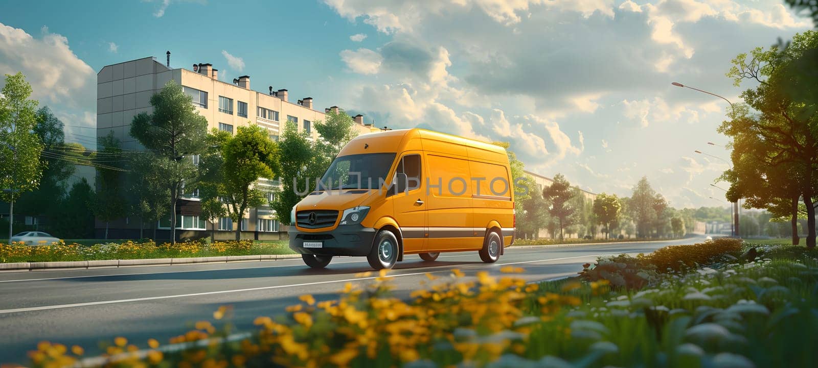 A cloud hovers above as an orange delivery truck drives along the asphalt road in the city, passing by trees and plants