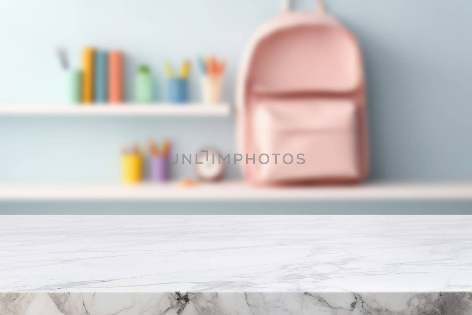Empty marble table top and blurred school supplies, stationery on the background. Copy space for your object, product presentation. Back to school, education concept. Front view. Generative AI. by creativebird