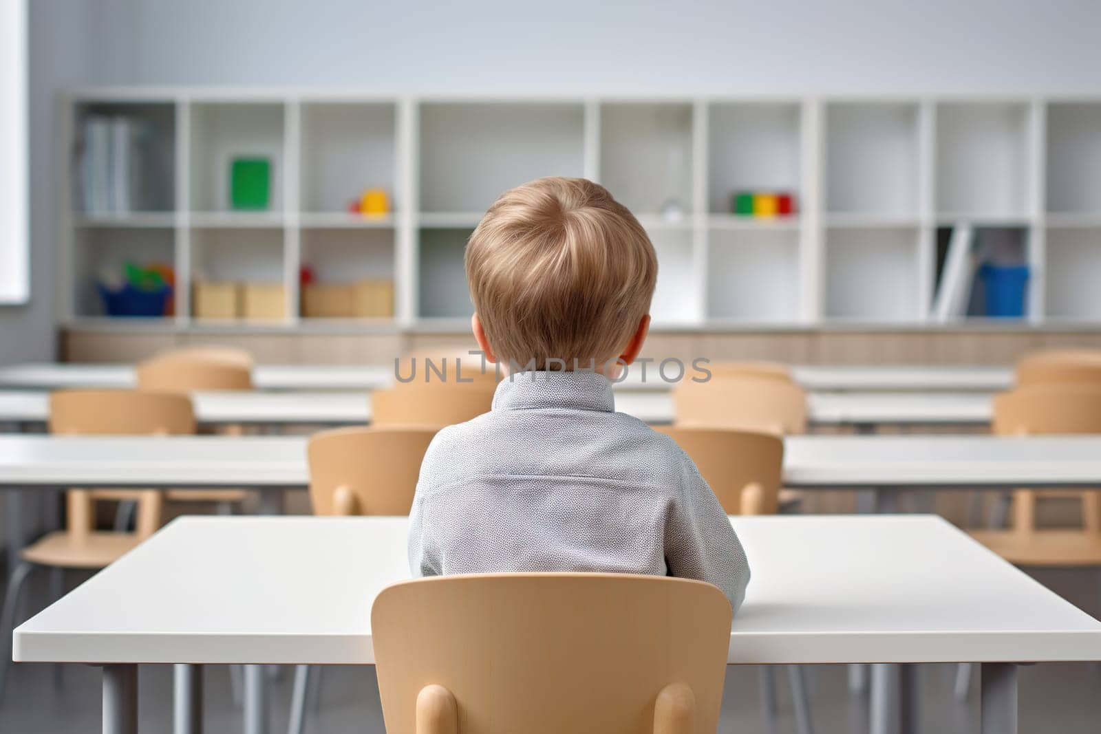 Back view of a young student sitting alone at a desk in a bright, modern classroom, perfect for educational content, school environments, and child development themes. Generative AI. by creativebird