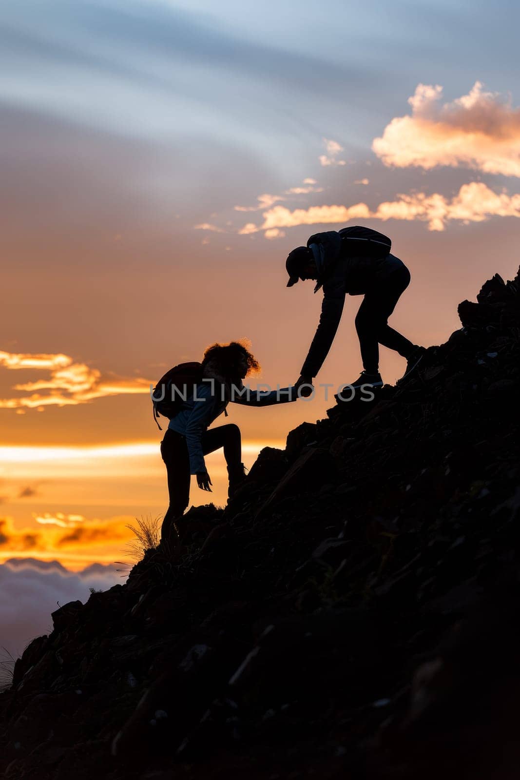Two people are climbing a mountain together by AI generated image.