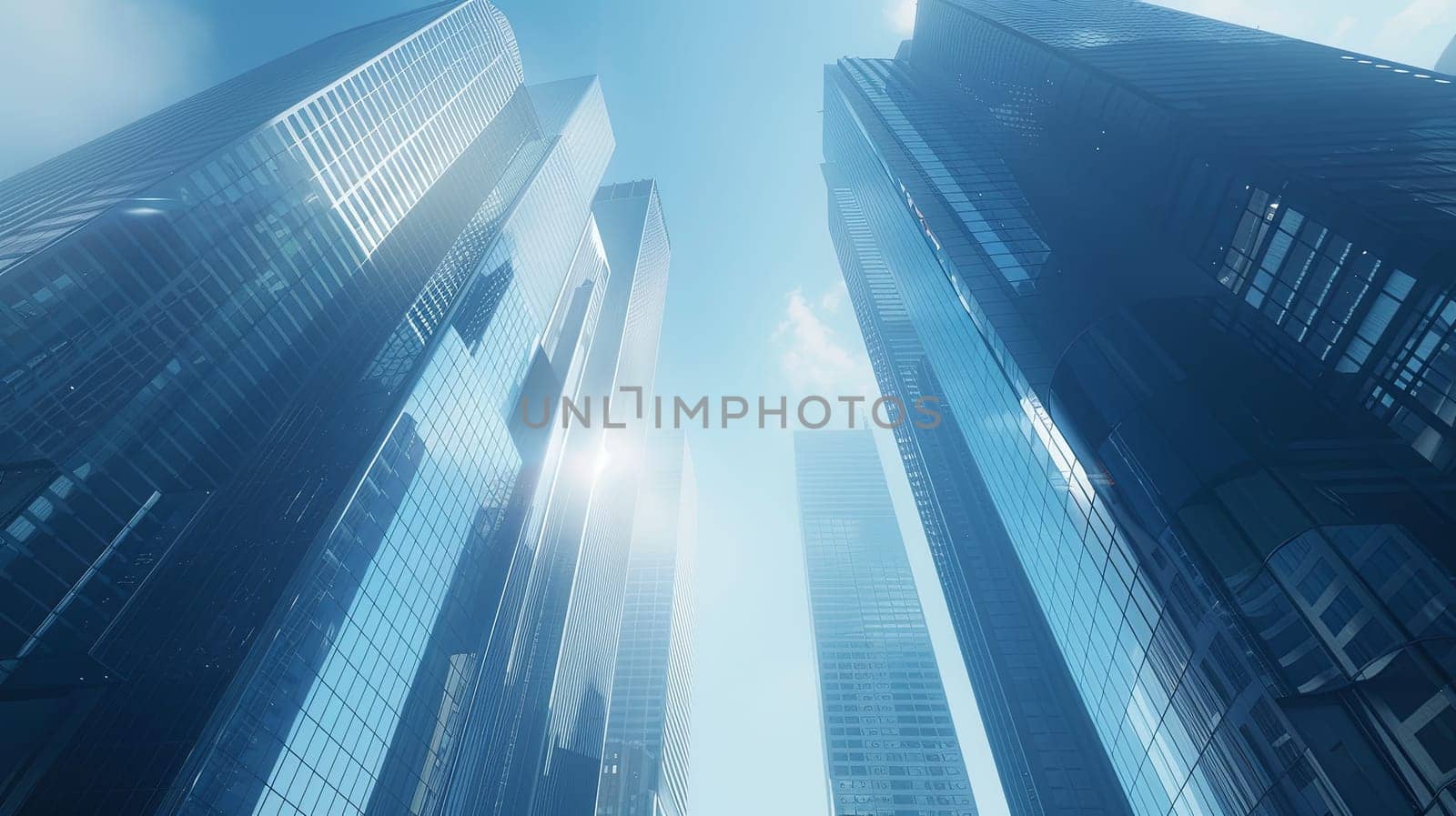 Viewing towering skyscrapers in a bustling urban financial center, capturing the impressive height and modern architecture of the cityscape. Generative AI by AnatoliiFoto