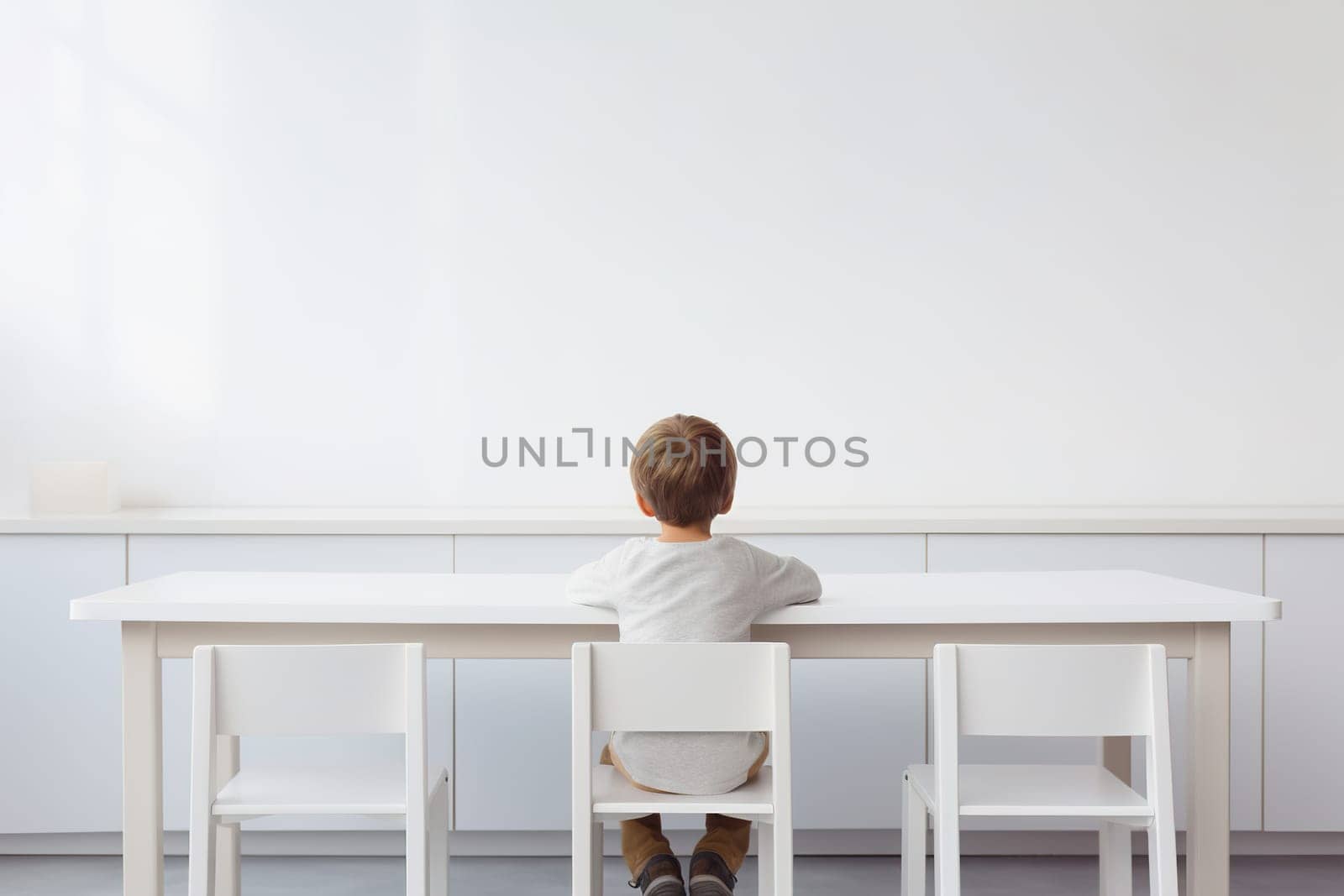 A minimalist image showing a child from behind, sitting at a desk facing a plain white wall, ideal for education-related content and ads with space for text. Generative AI