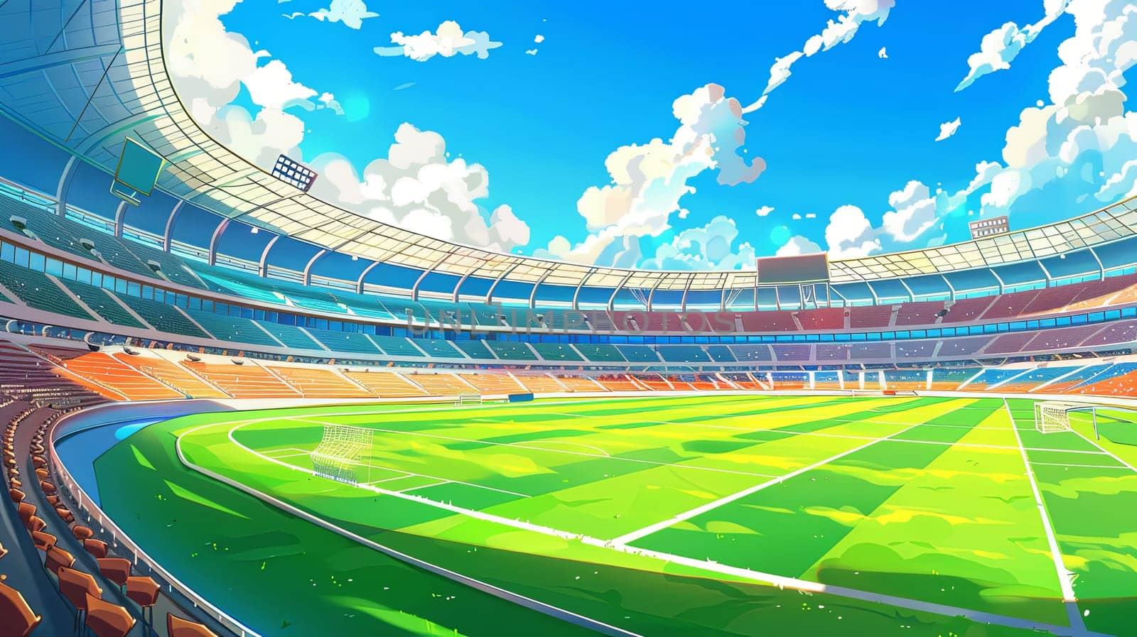 A big sports stadium featuring a green football field under a bright sky, with fans visible in the stands. Generative AI by AnatoliiFoto