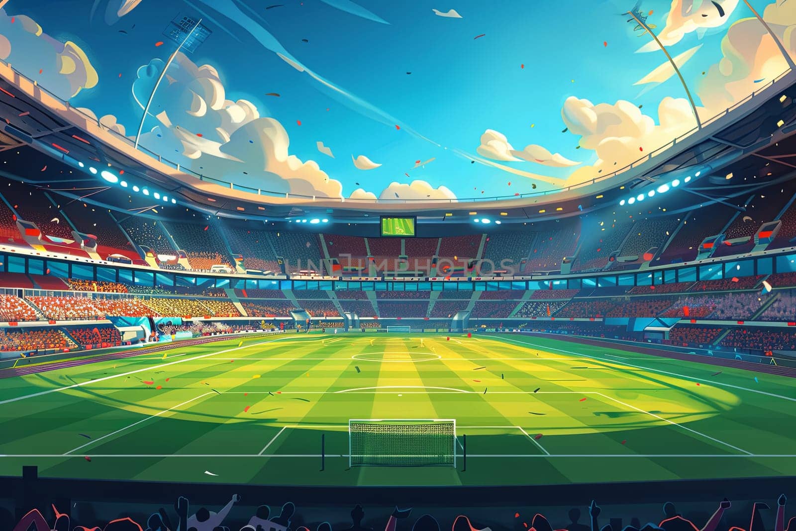 A dynamic painting capturing a bustling soccer stadium with a football field and energetic fans filling the stands, exuding the passion of a thrilling match day. Generative AI by AnatoliiFoto