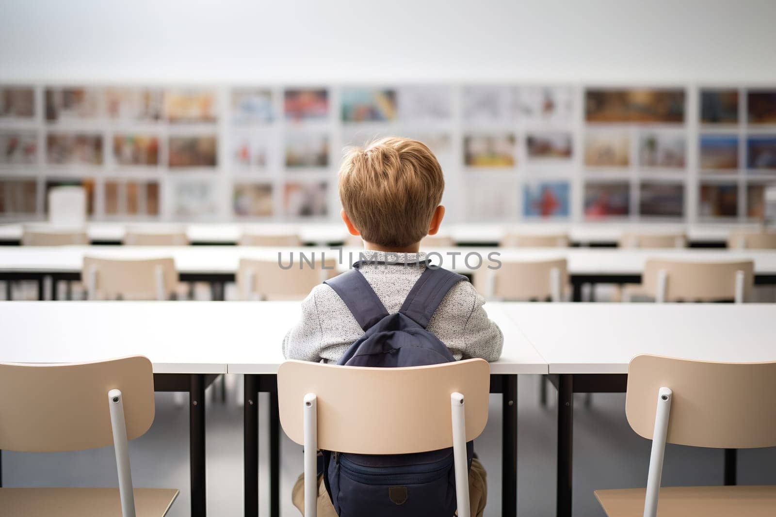 Back view of a young student sitting alone at a desk in a bright, modern classroom, perfect for educational content, school environments, and child development themes. Generative AI. by creativebird