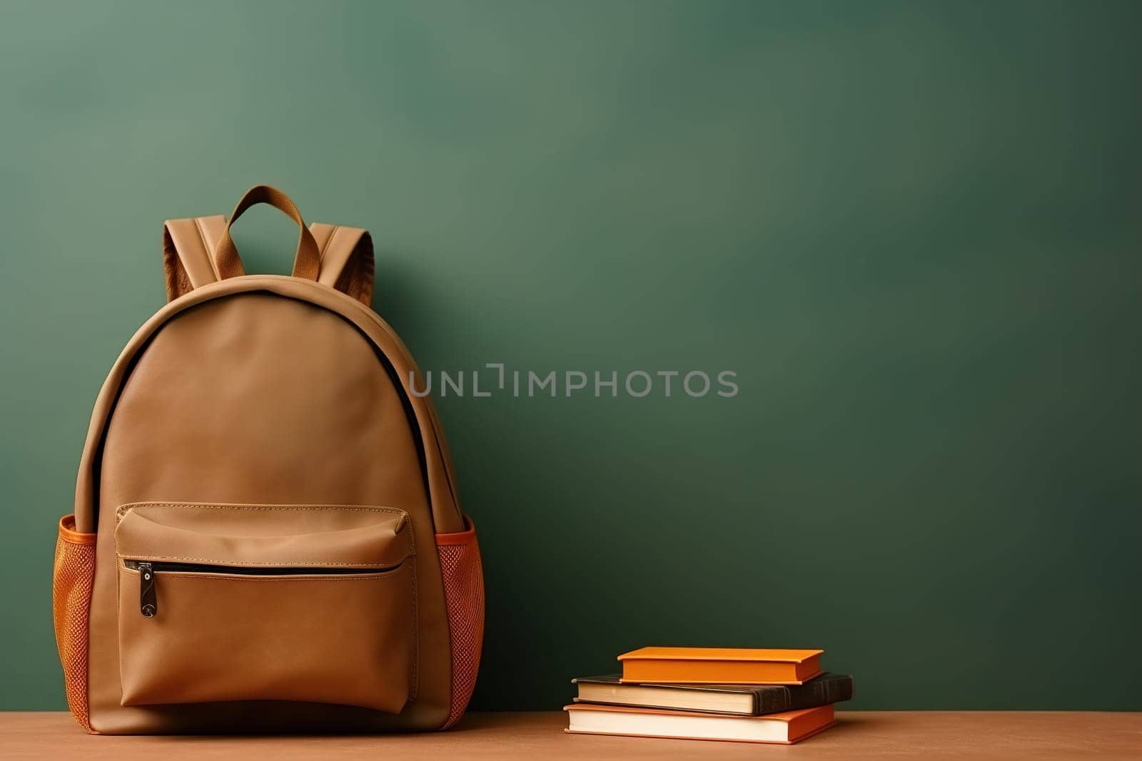 A stylish tan backpack and a stack of books against a green background, with ample space for text, ideal for educational themes and back-to-school campaigns. Generative AI