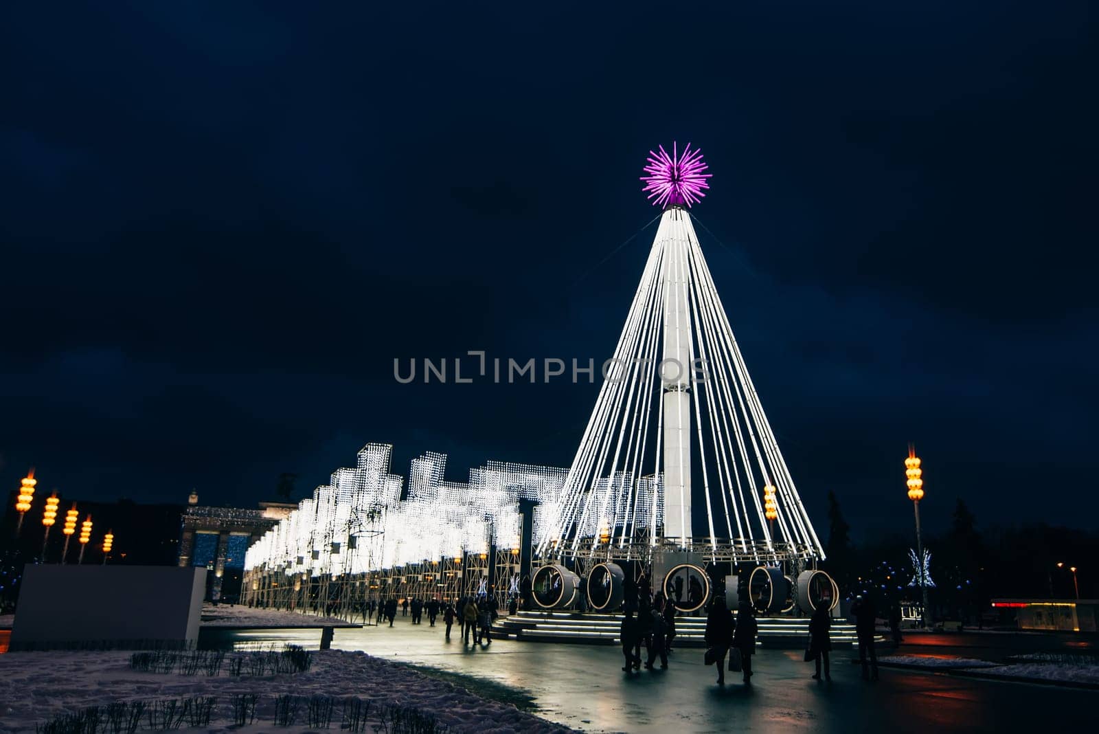 MOSCOW, RUSSIA - DECEMBER 25, 2016: Artificial Christmas fir illuminated at ENEA with visitors to Moscow. Russia
