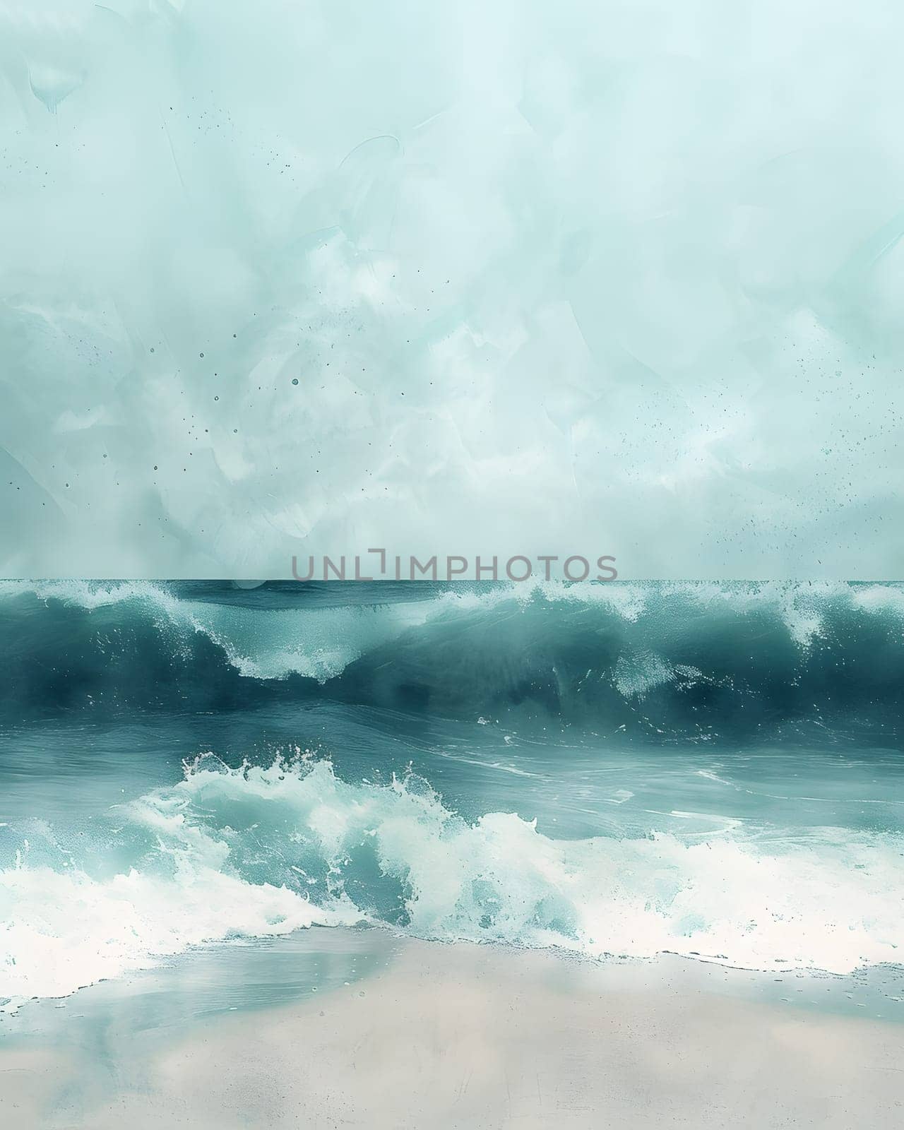 Wind waves crash on beach under cloudy sky in fluid art by Nadtochiy