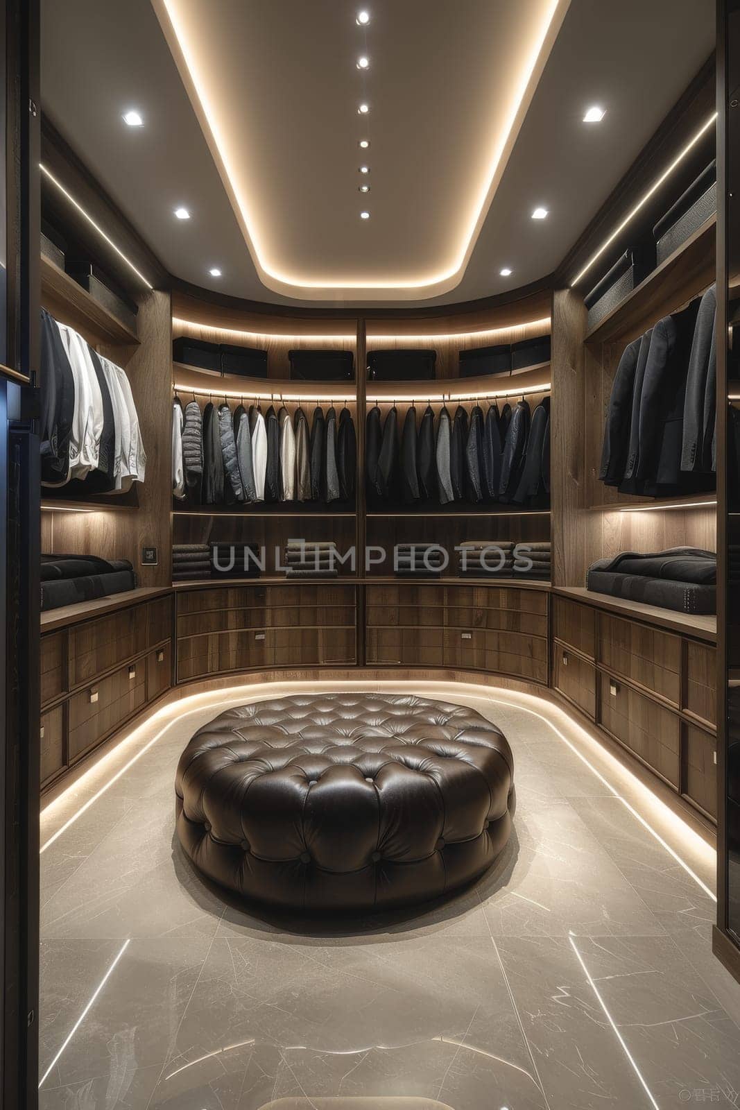 A large walk in closet with a brown ottoman in the center. The closet is well lit and has a modern design