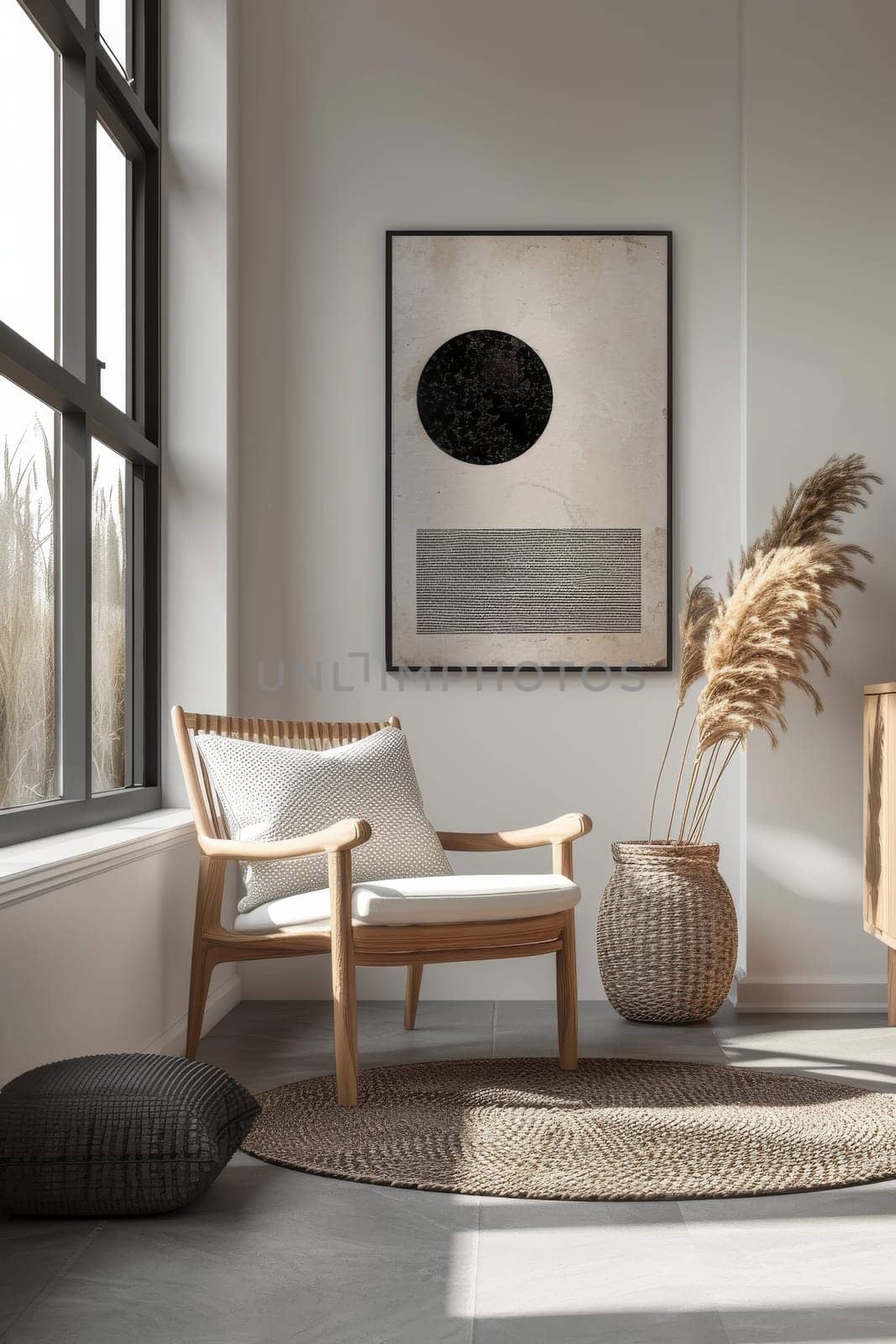 A white chair is in front of a black and white framed picture. The chair is placed in front of a window, and the picture is hanging on the wall. The room has a minimalist and modern feel