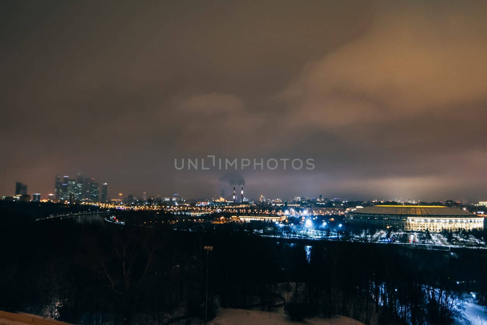 MOSCOW, RUSSIA - DECEMBER 25, 2016: A view of the Luzhniki stadium from Sparrow hills in Moscow at night