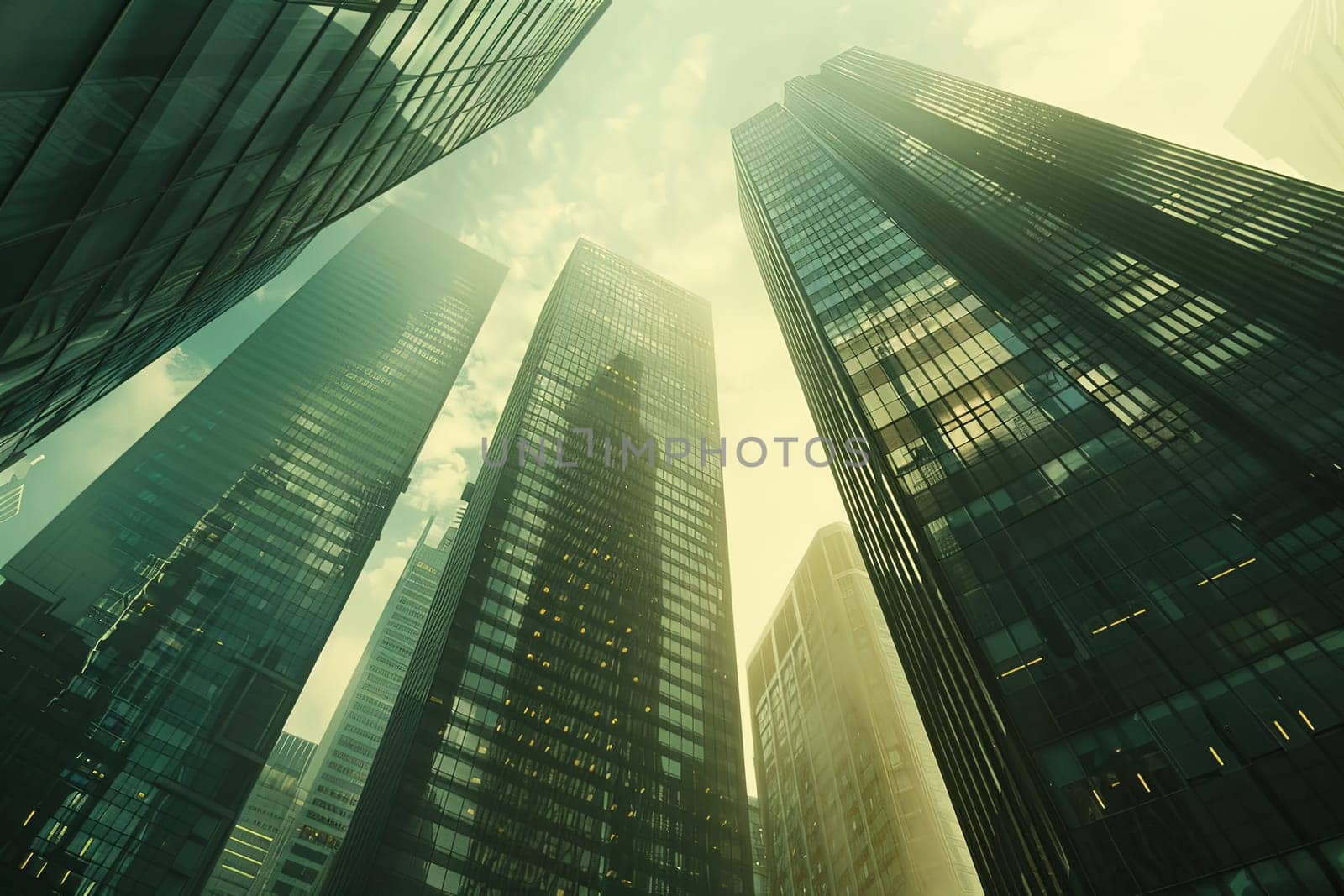 A group of towering skyscrapers reaching up into the sky in an urban financial center. Generative AI by AnatoliiFoto