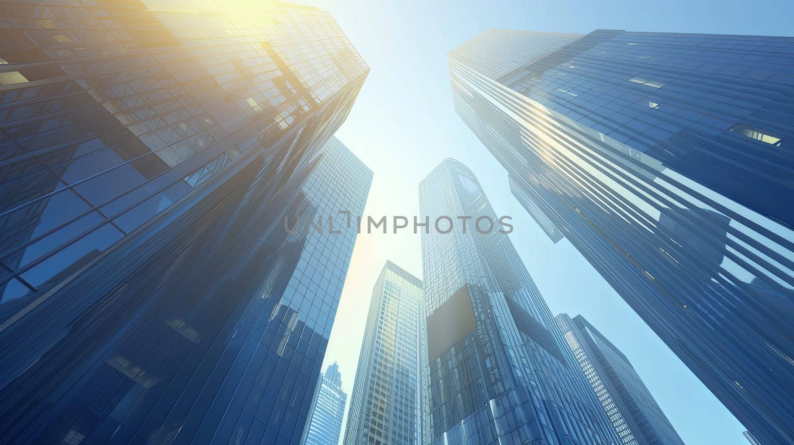 People below gaze up at towering city skyscrapers against a clear sky backdrop. Generative AI by AnatoliiFoto