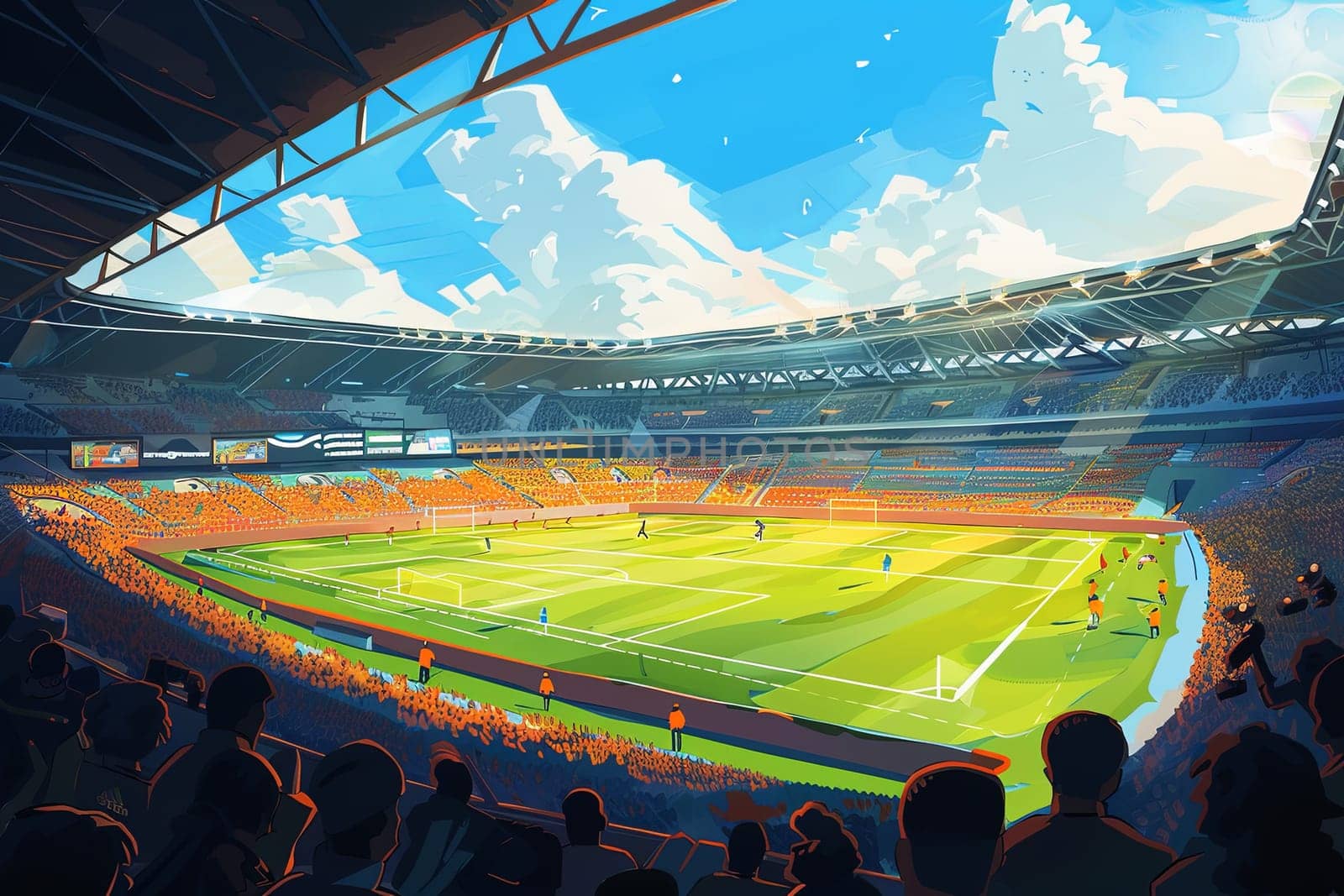 A large stadium filled with enthusiastic fans cheering and watching a football match on the field. Generative AI by AnatoliiFoto