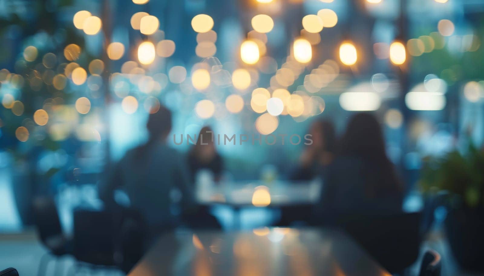 A group of people are sitting around a table in a restaurant by AI generated image.