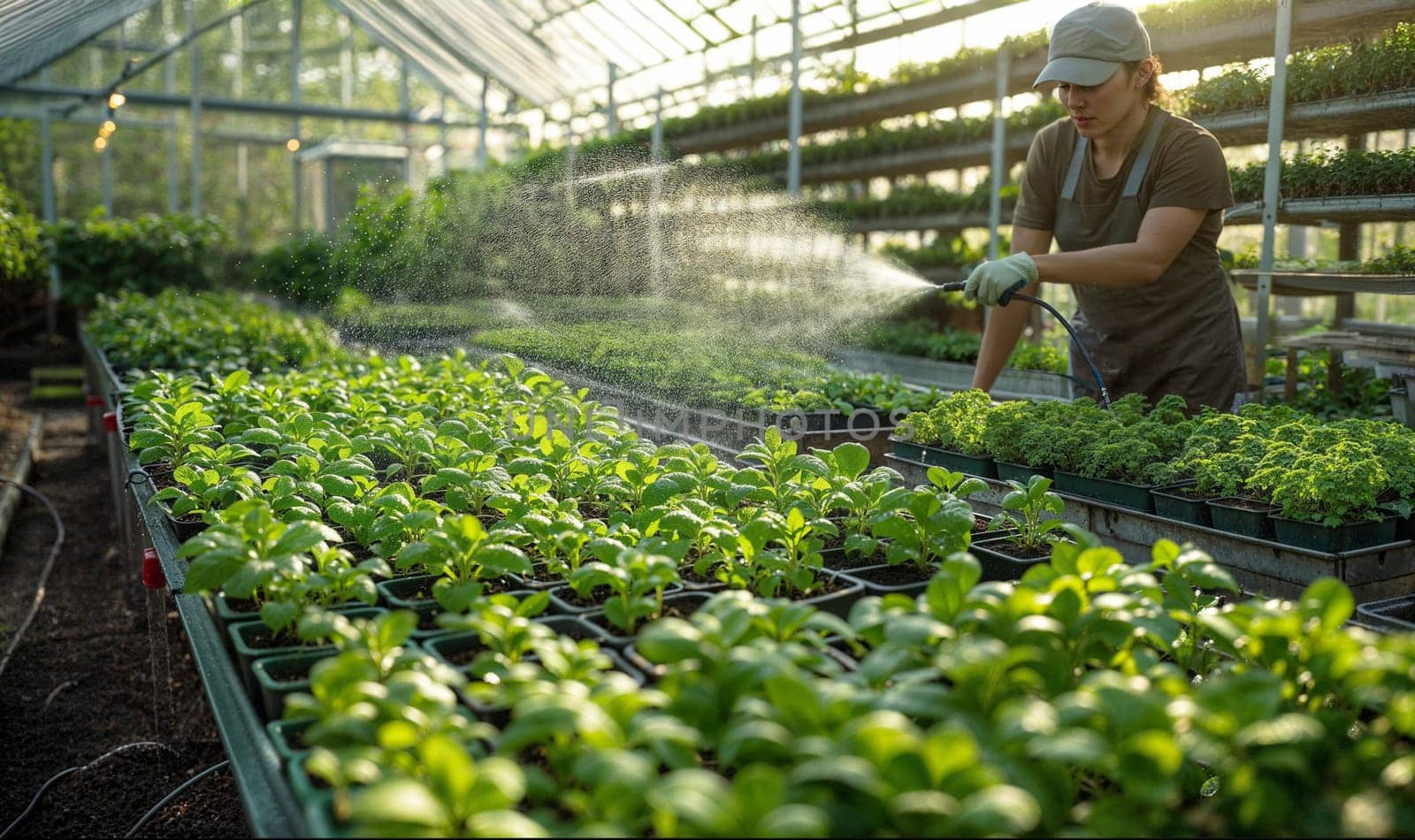 Gardener watering seedlings in a sunny modern greenhouse by evdakovka
