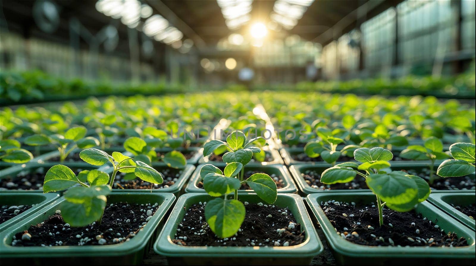Young plants growing in trays on tables inside a modern greenhouse