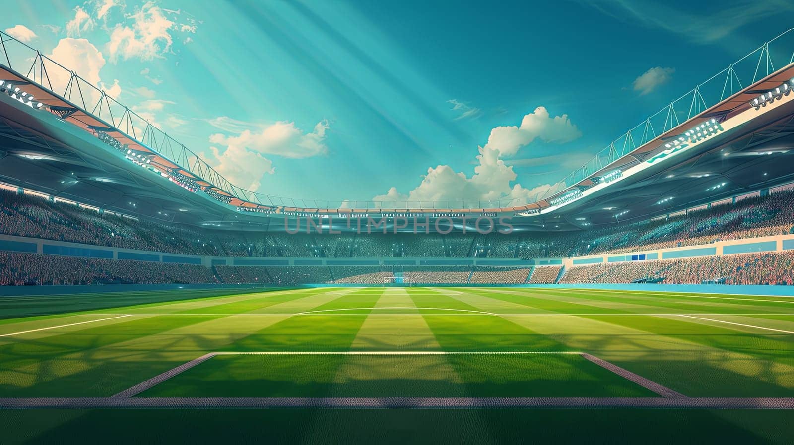 A large stadium with a lush green field and clear blue sky, showcasing the perfect setting for football matches with excited fans in the stands. Generative AI by AnatoliiFoto