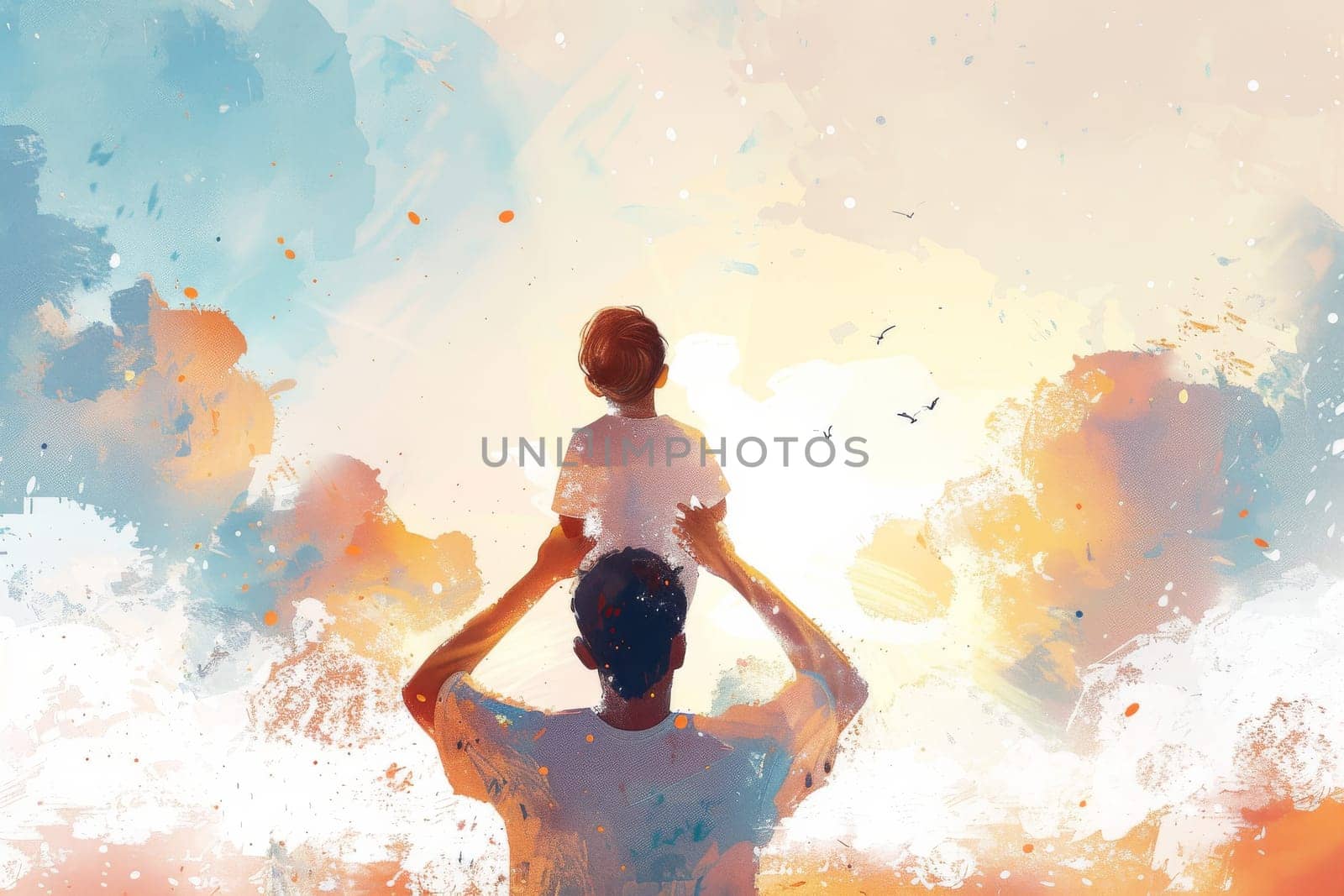 A man is holding a child in his arms. The child is wearing a white shirt. The sky is blue and the sun is shining