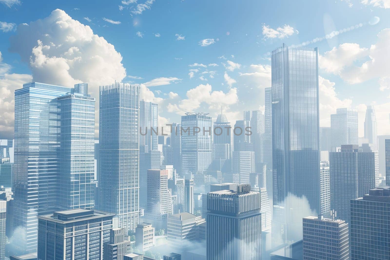 A cityscape filled with towering skyscrapers under a sky dotted with clouds. Generative AI by AnatoliiFoto