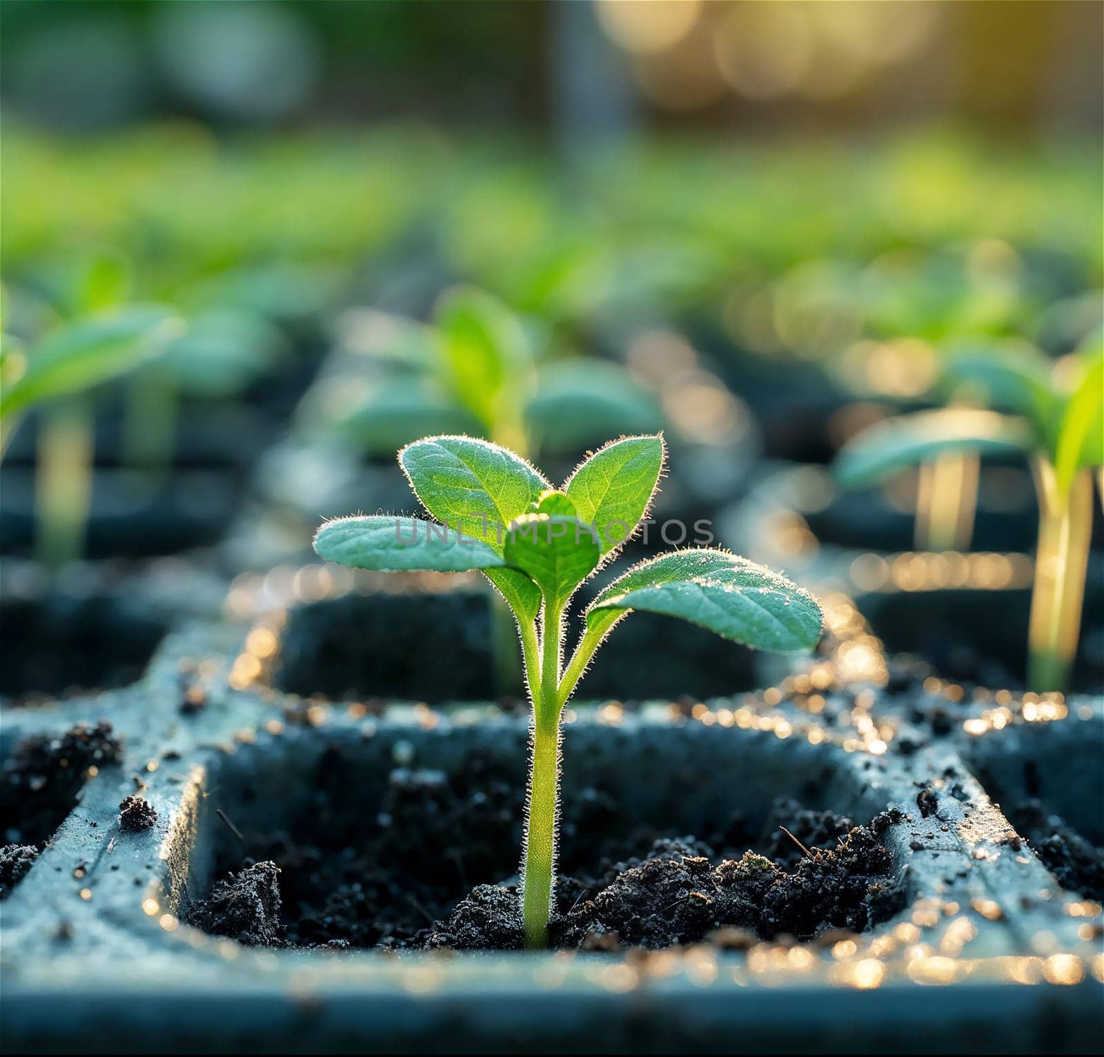 Closeup of a young green plant growing in a plastic tray. by evdakovka