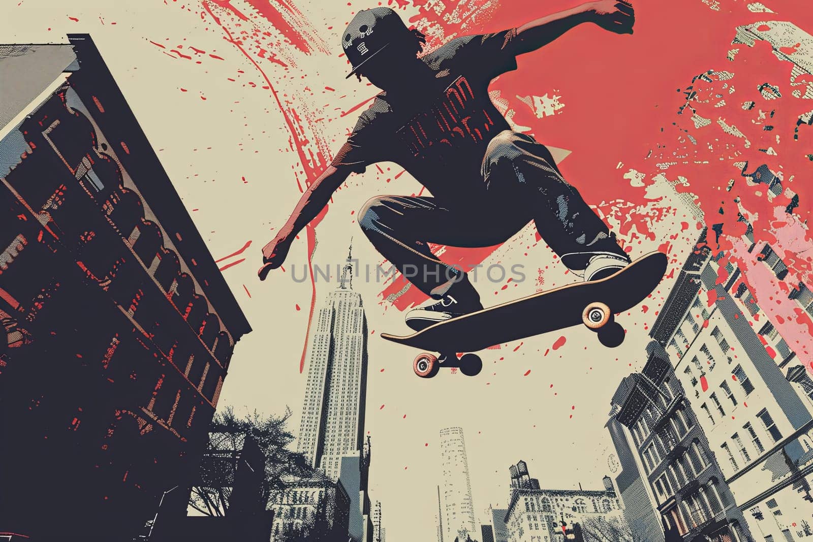 A man propelled through the air while riding a skateboard, executing a trick in an urban setting.