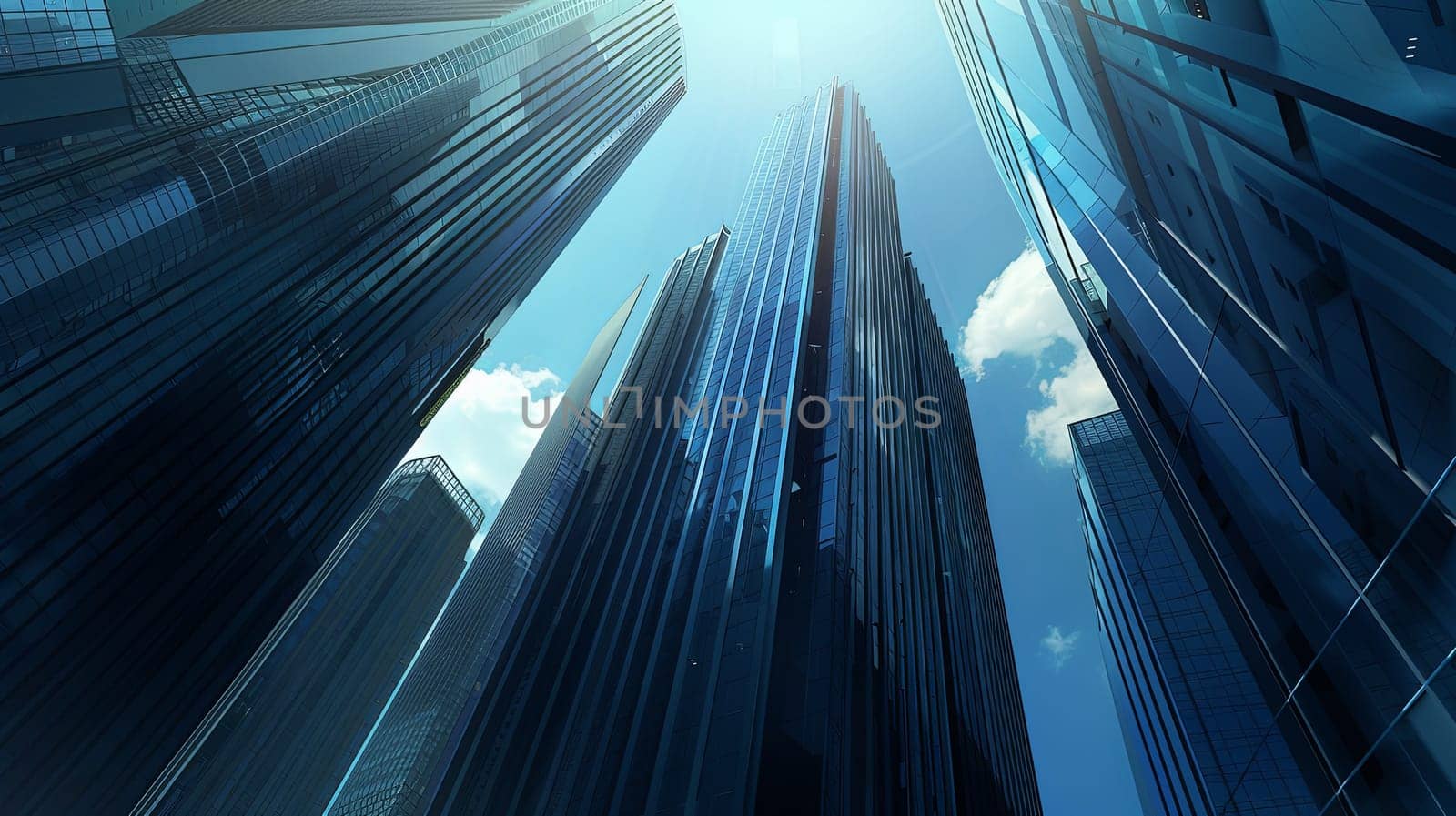 View from below of towering skyscrapers in an urban financial center, showcasing modern architecture and bustling city life. Generative AI by AnatoliiFoto