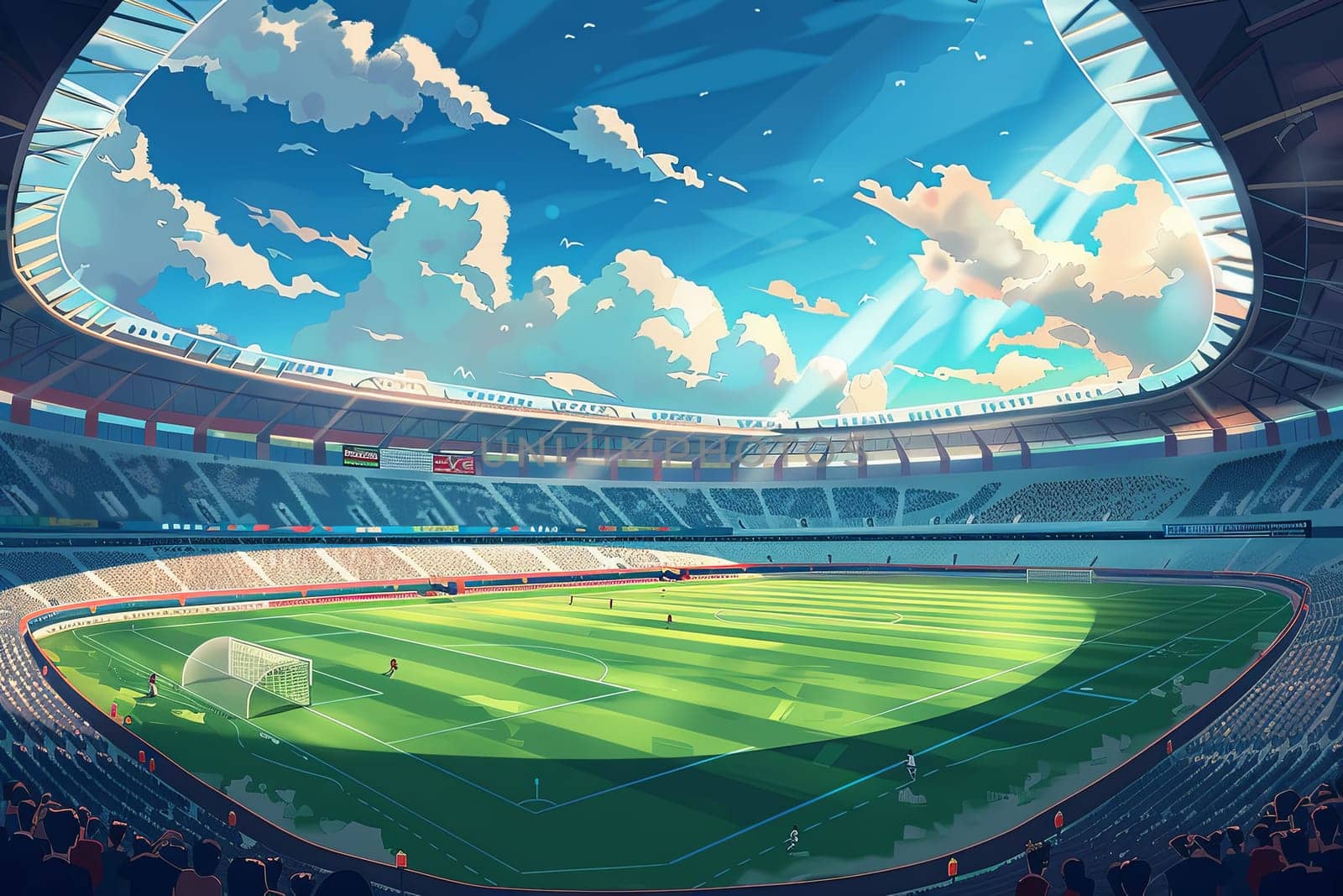 Stadium with a soccer field in the center, surrounded by stands filled with enthusiastic fans. Generative AI by AnatoliiFoto